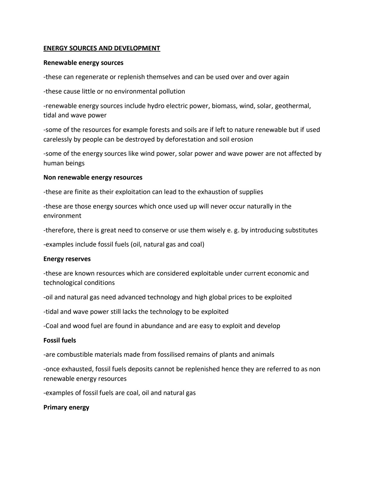 First page of Geography Energy Sources and Development Notes Zimbabwe