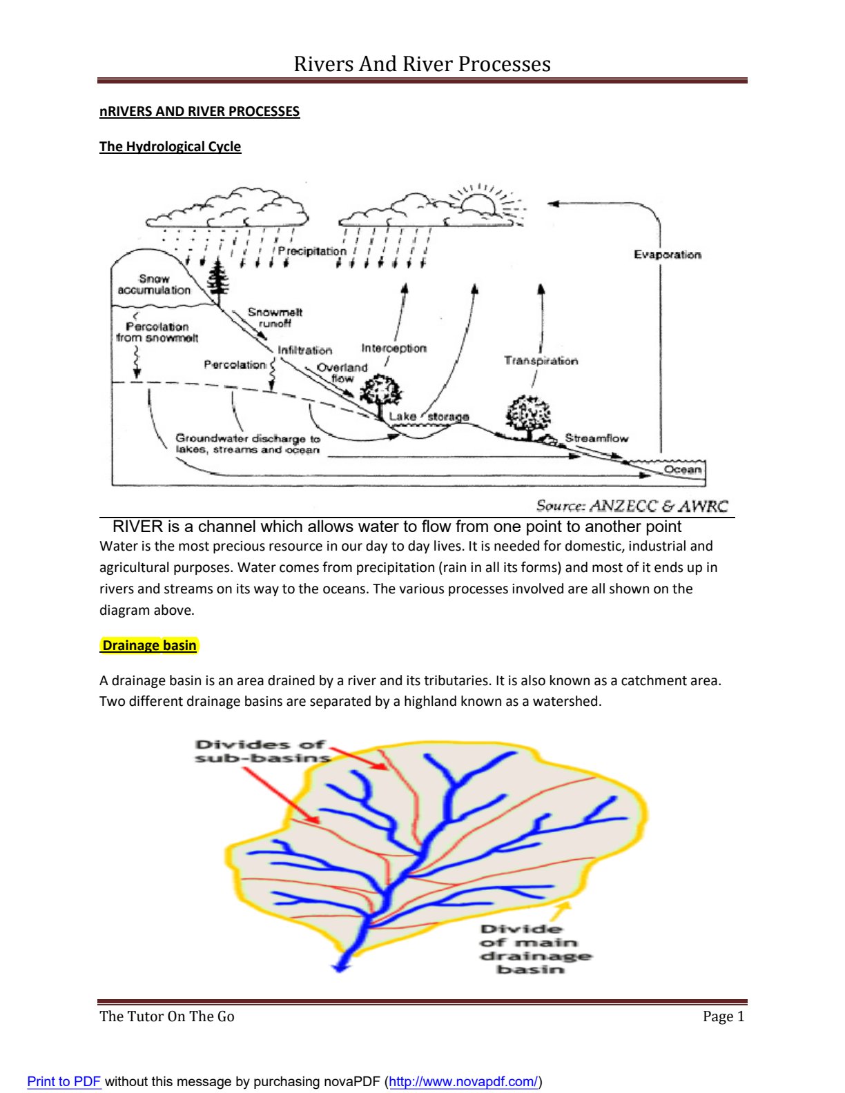 First page of Geography Rivers and River Processes Notes Zimbabwe