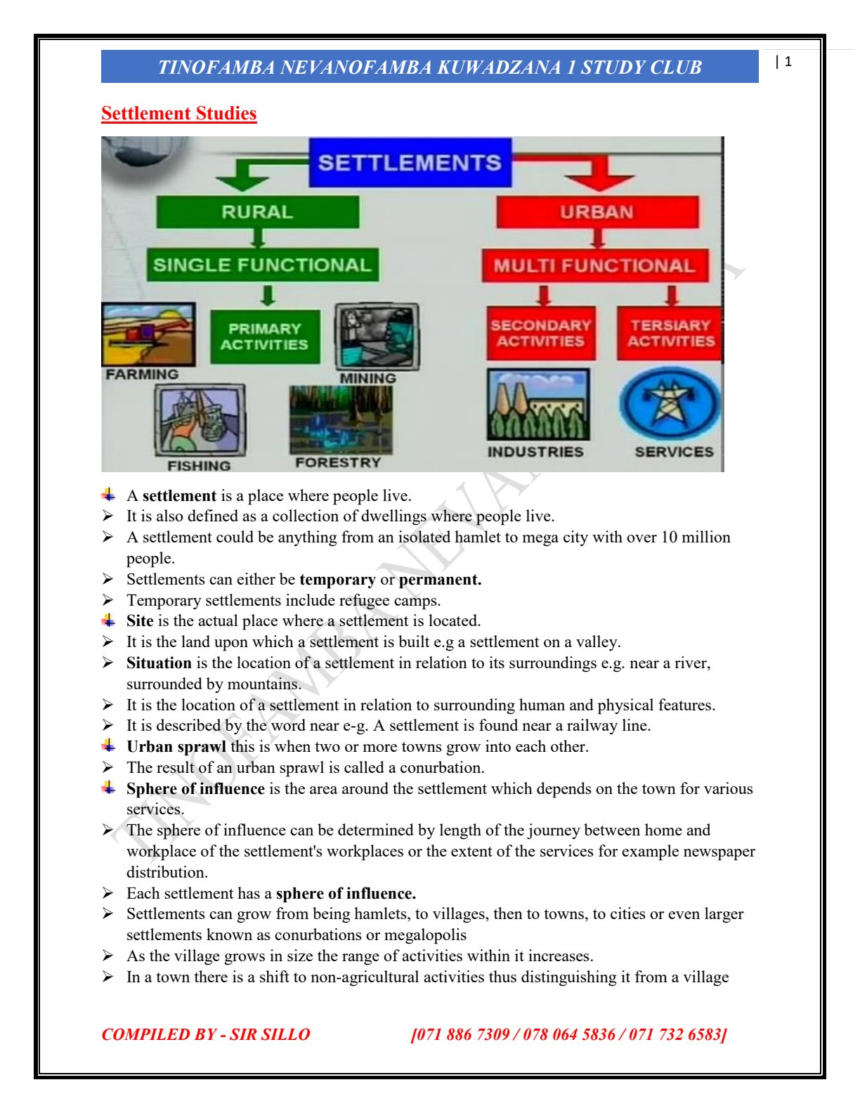 First page of Geography Settlement Studies Notes Zimbabwe