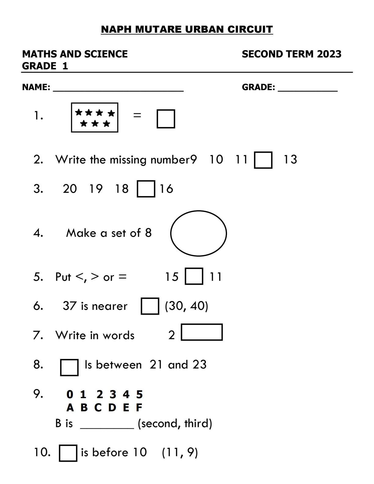 First page of Grade 1 Mathematics Worksheet Zimbabwe
