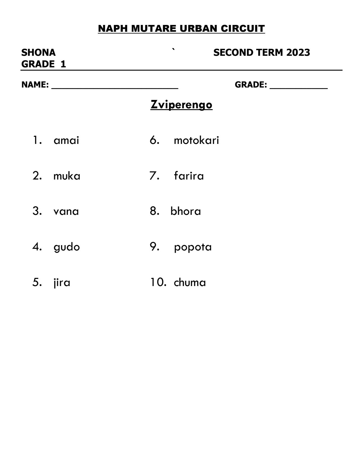 First page of Grade 1 Shona Zviperengo Worksheet Zimbabwe