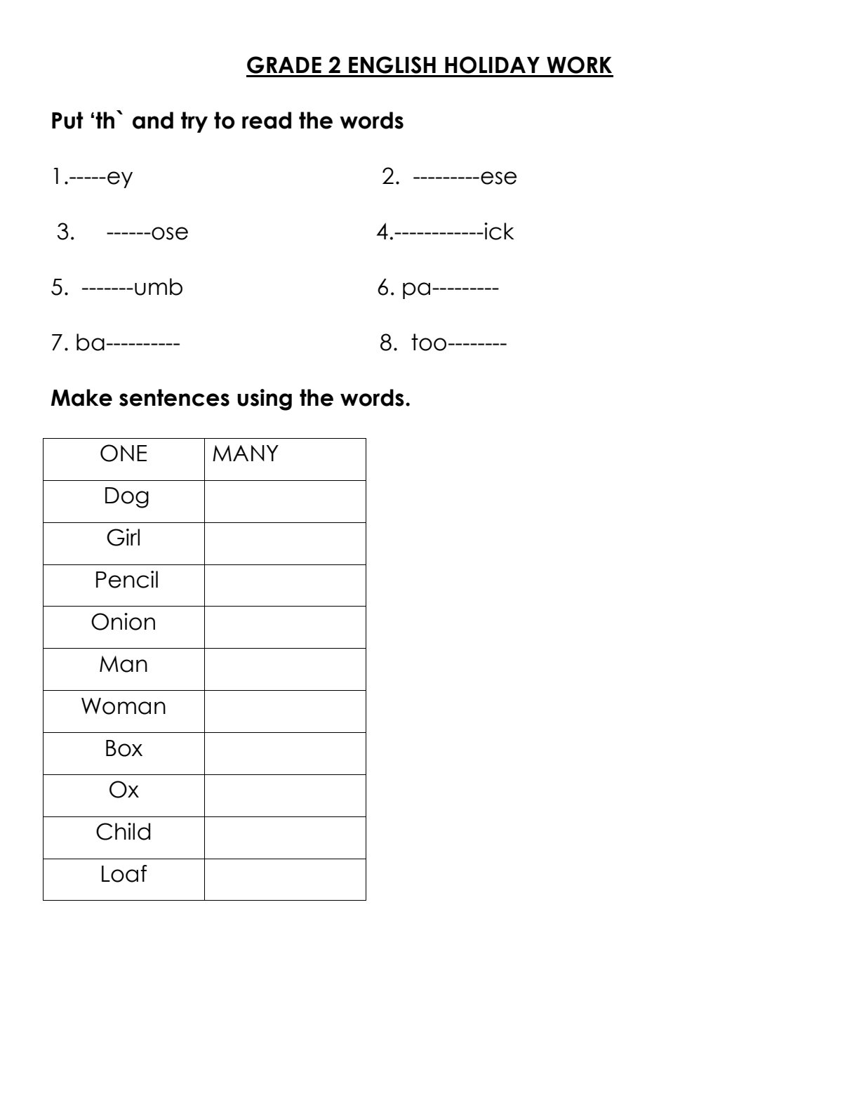 First page of Grade 2 English Language Phonics and Plurals Worksheet Zimbabwe