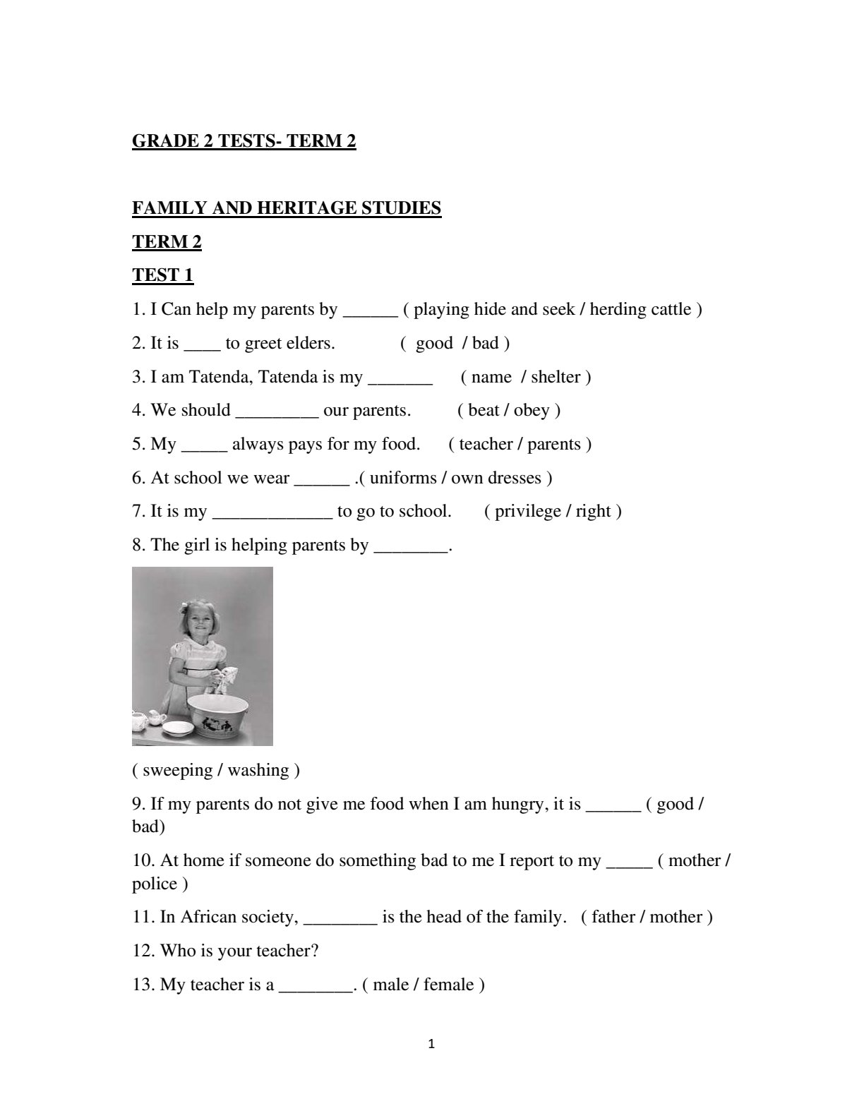First page of Grade 2 Family and Heritage Studies Term 2 Test 1