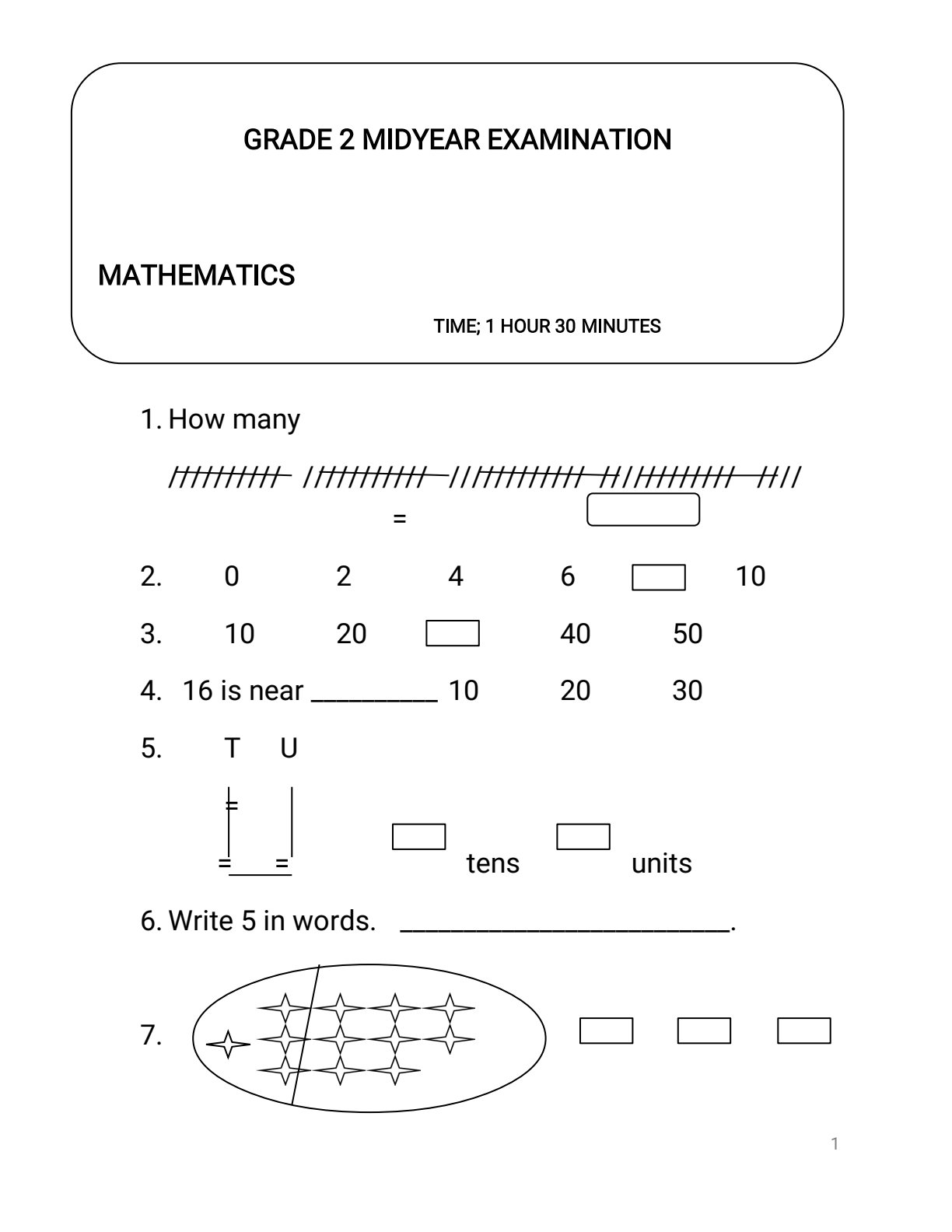 First page of Grade 2 Midyear Examination Mathematics Question Paper