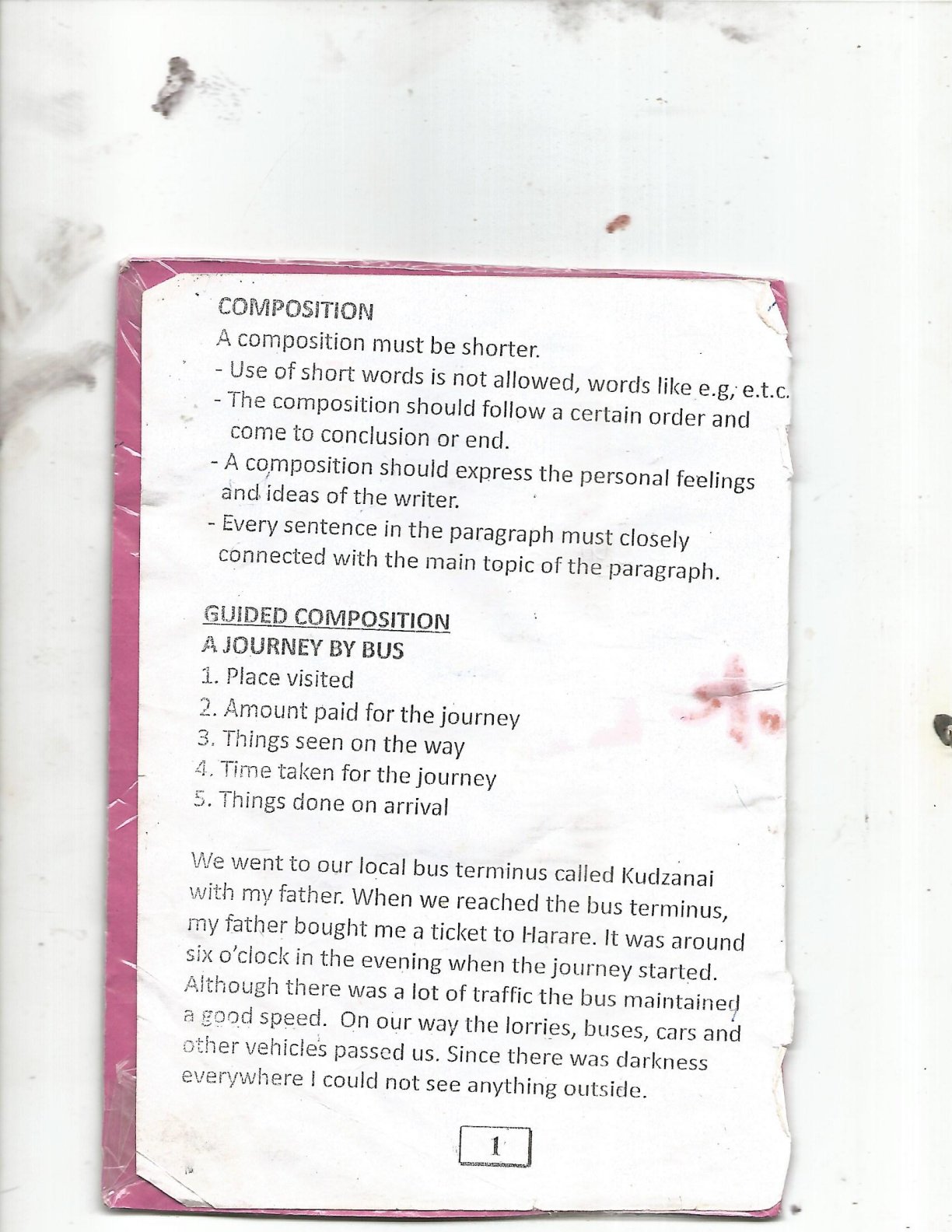 First page of Grade 4-7 English Language Composition Writing Notes Zimbabwe