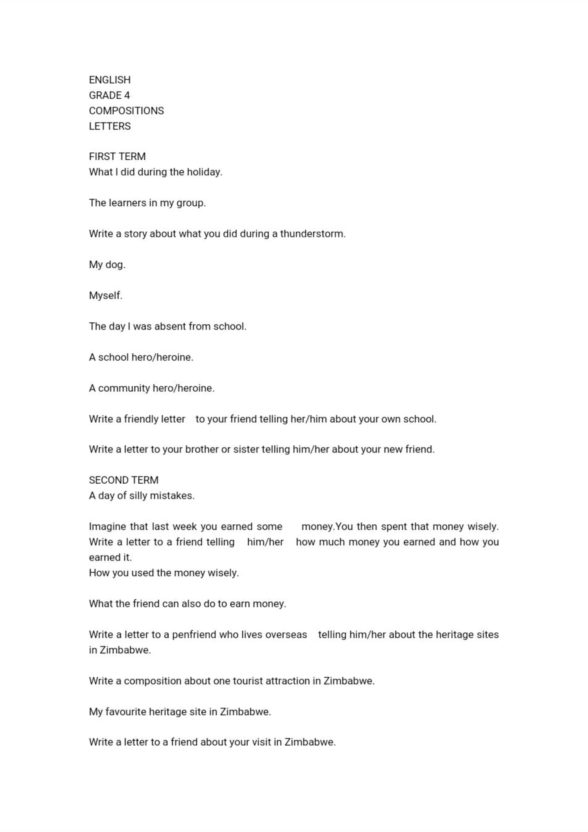 First page of Grade 4 English Language Compositions and Letters Worksheet Zimbabwe