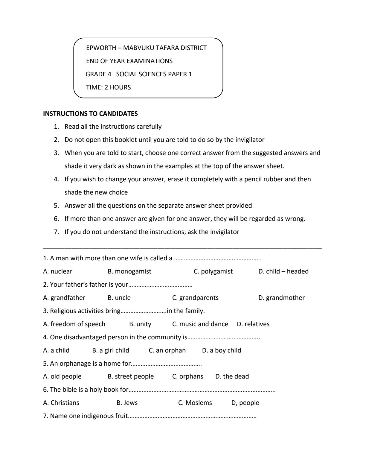 First page of Grade 4 Social Sciences Paper 1 Question Paper