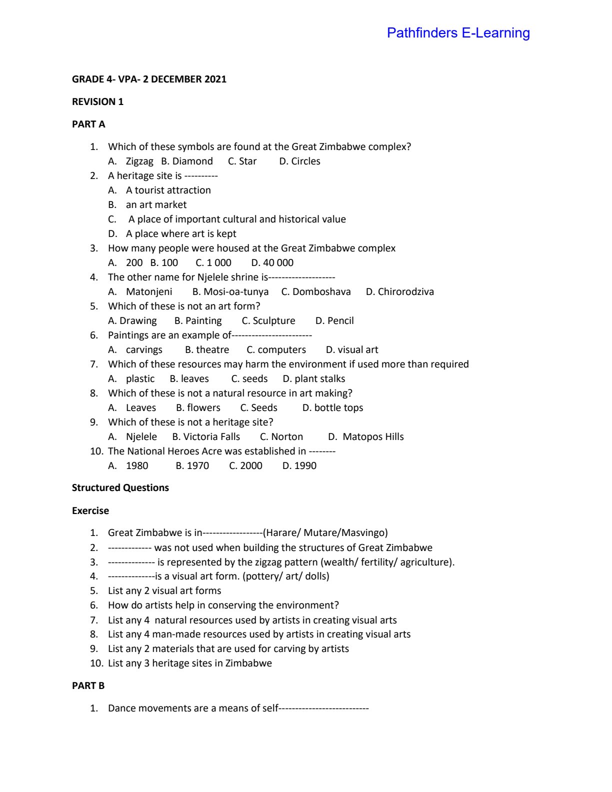 First page of Grade 4 Visual and Performing Arts Revision Pack Zimbabwe