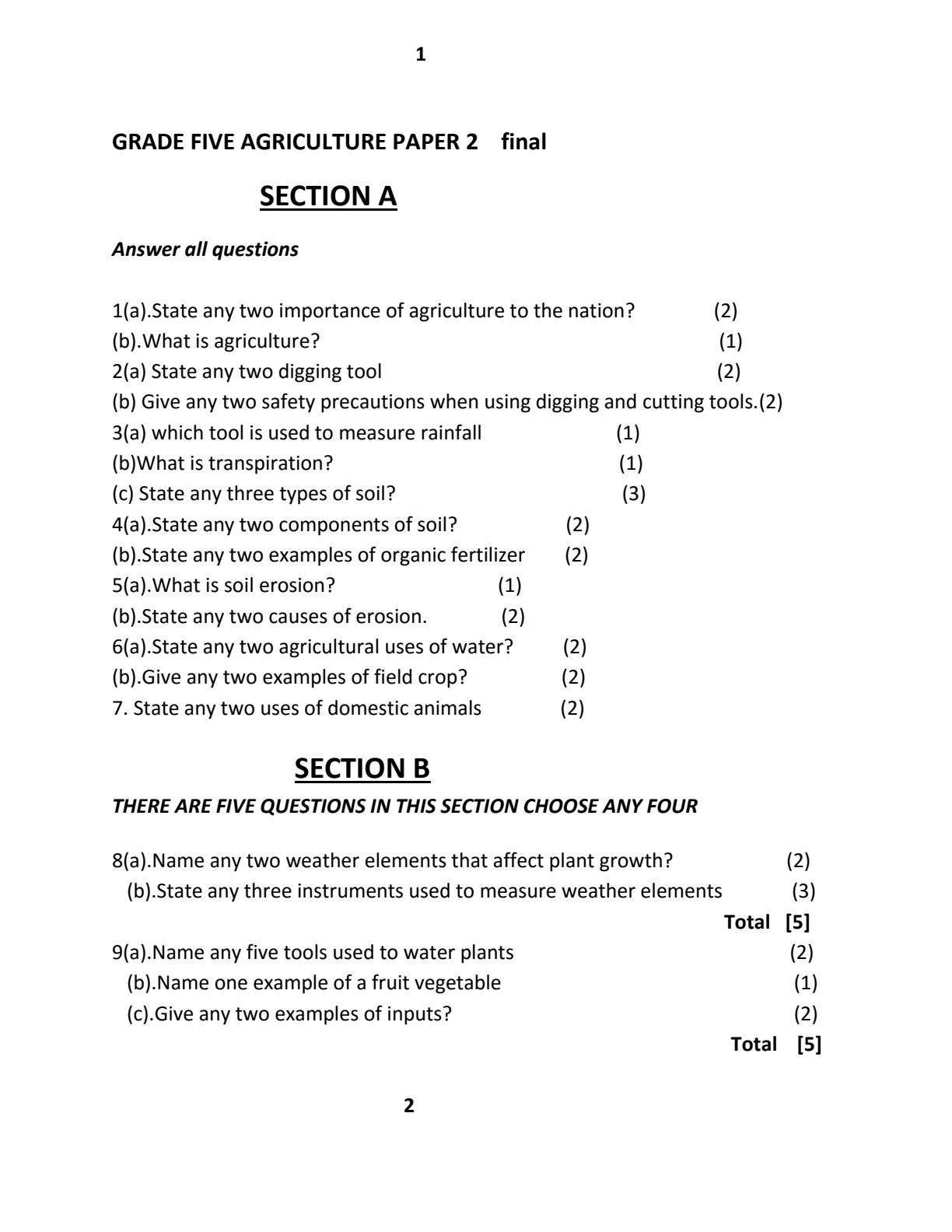 First page of Grade 5 Agriculture 2014 Question Paper