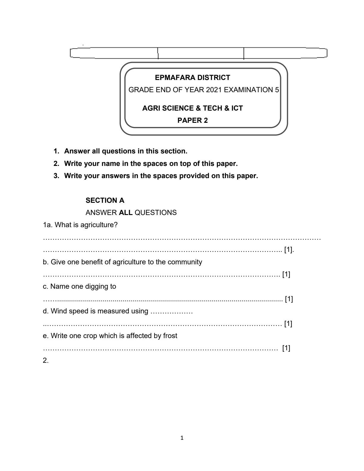 First page of Grade 5 Agriculture Question Paper