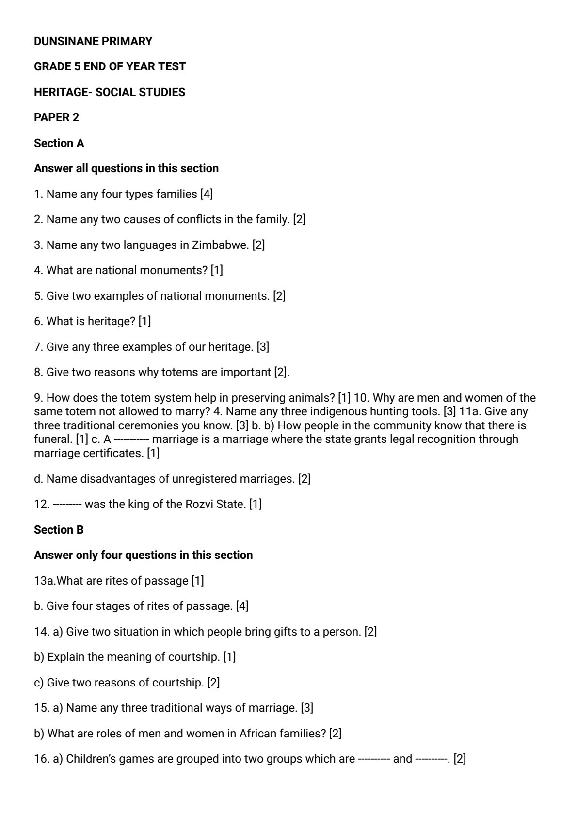 First page of Grade 5 End of Year Test Heritage-Social Studies Paper 2 Question Paper