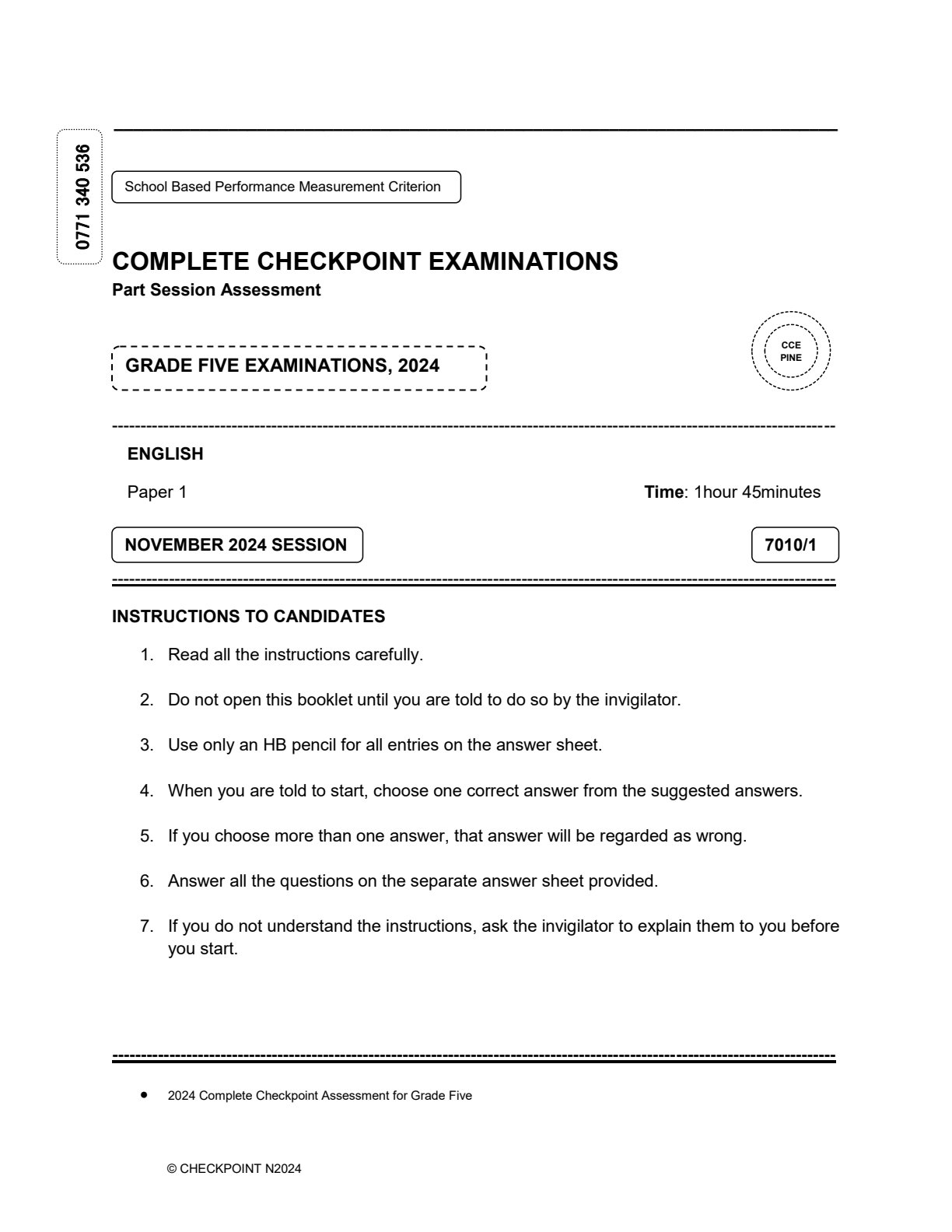 First page of Grade 5 English Language November 2024 Question Paper