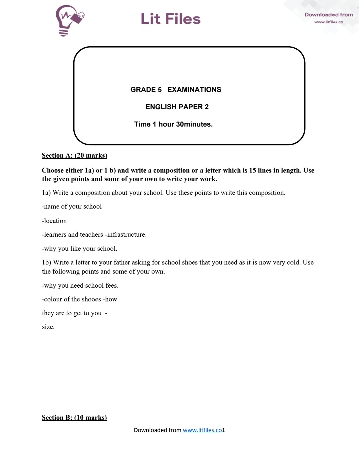 First page of Grade 5 English Language Question Paper