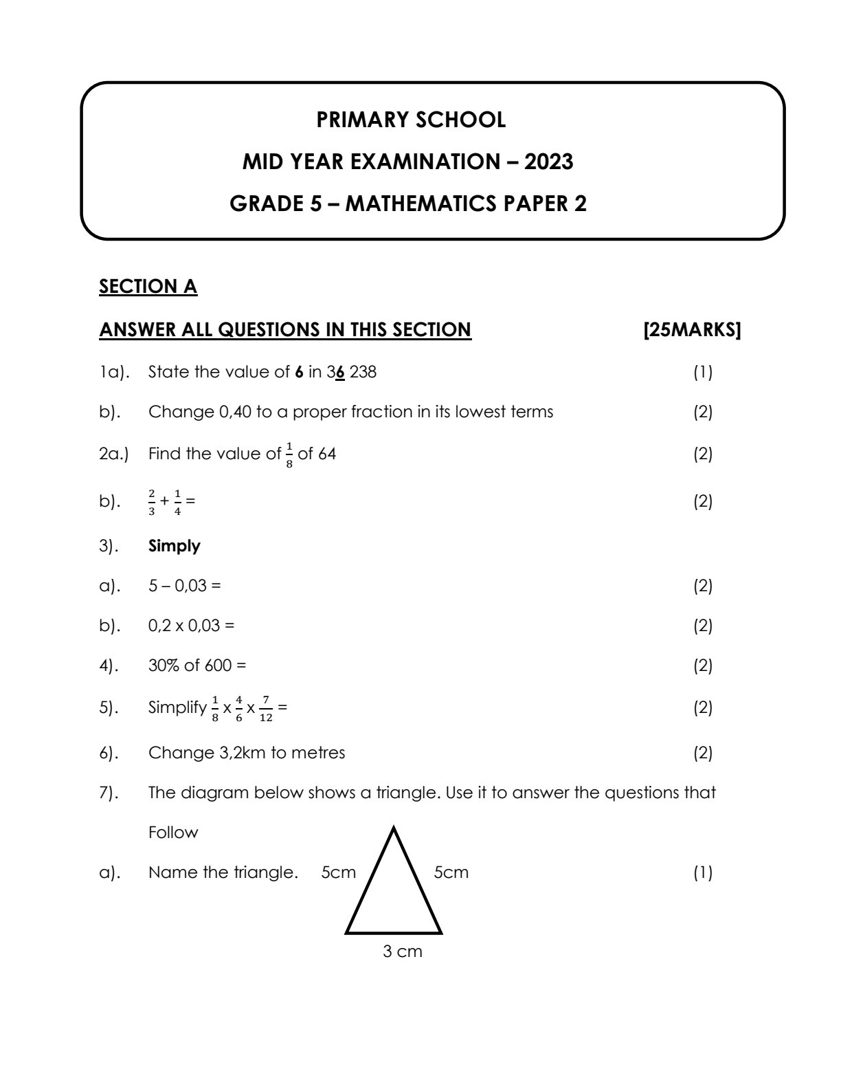 First page of Grade 5 Mathematics Mid Year 2023 Question Paper