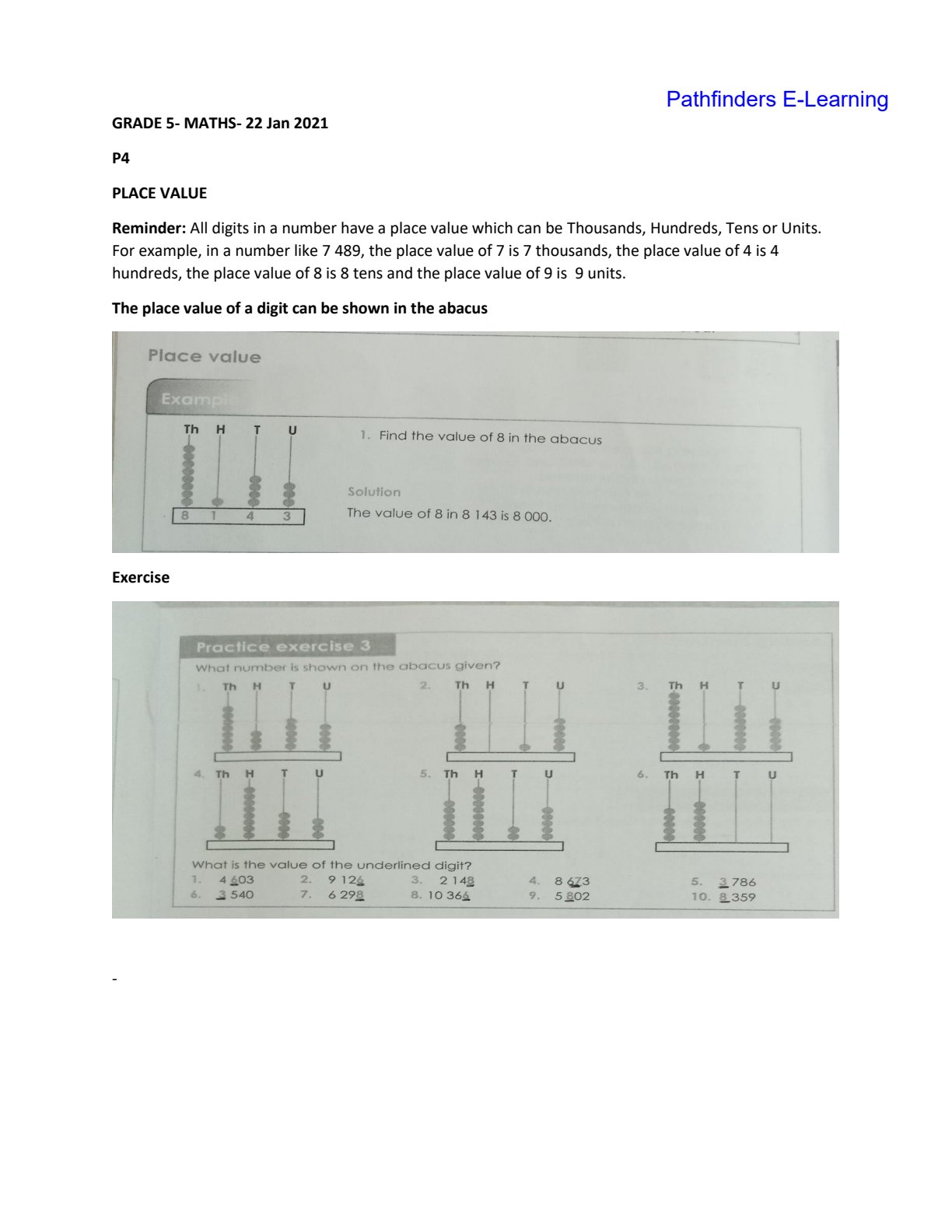 First page of Grade 5 Mathematics Place Value Worksheet Zimbabwe