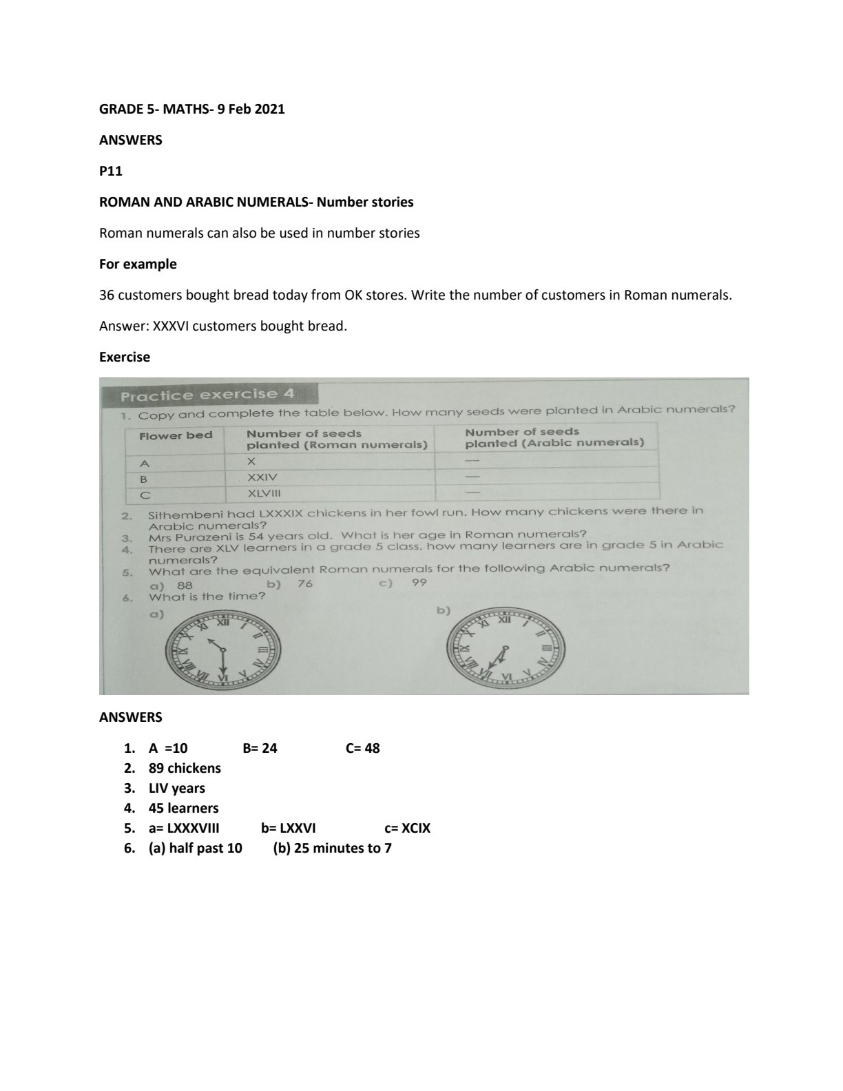 First page of Grade 5 Mathematics Roman and Arabic Numerals, Number Stories Worksheet Zimbabwe