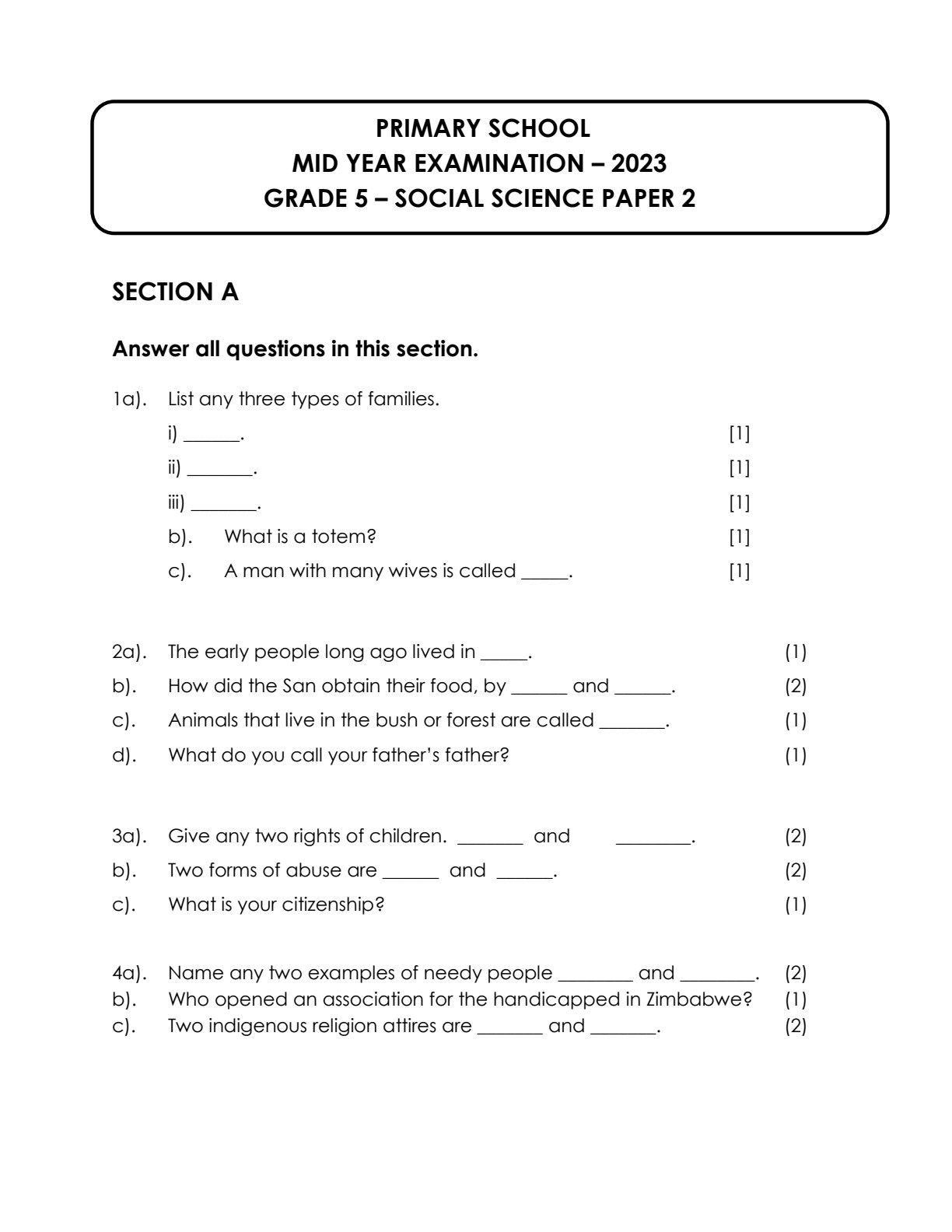 First page of Grade 5 Social Science Midyear 2023 Question Paper
