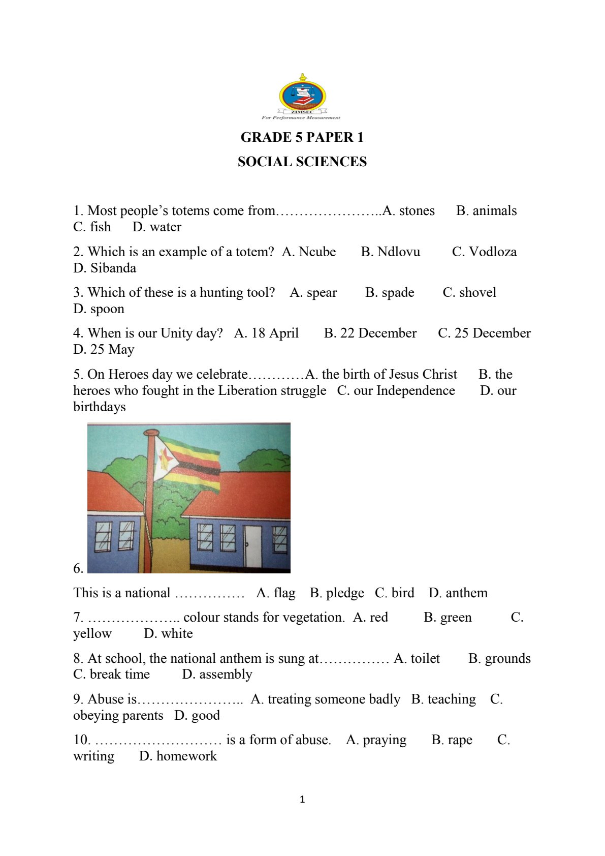 First page of Grade 5 Social Sciences Question Paper