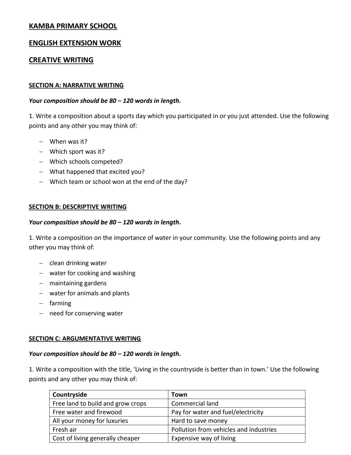 First page of Grade 7 English Language Creative Writing Worksheet Zimbabwe