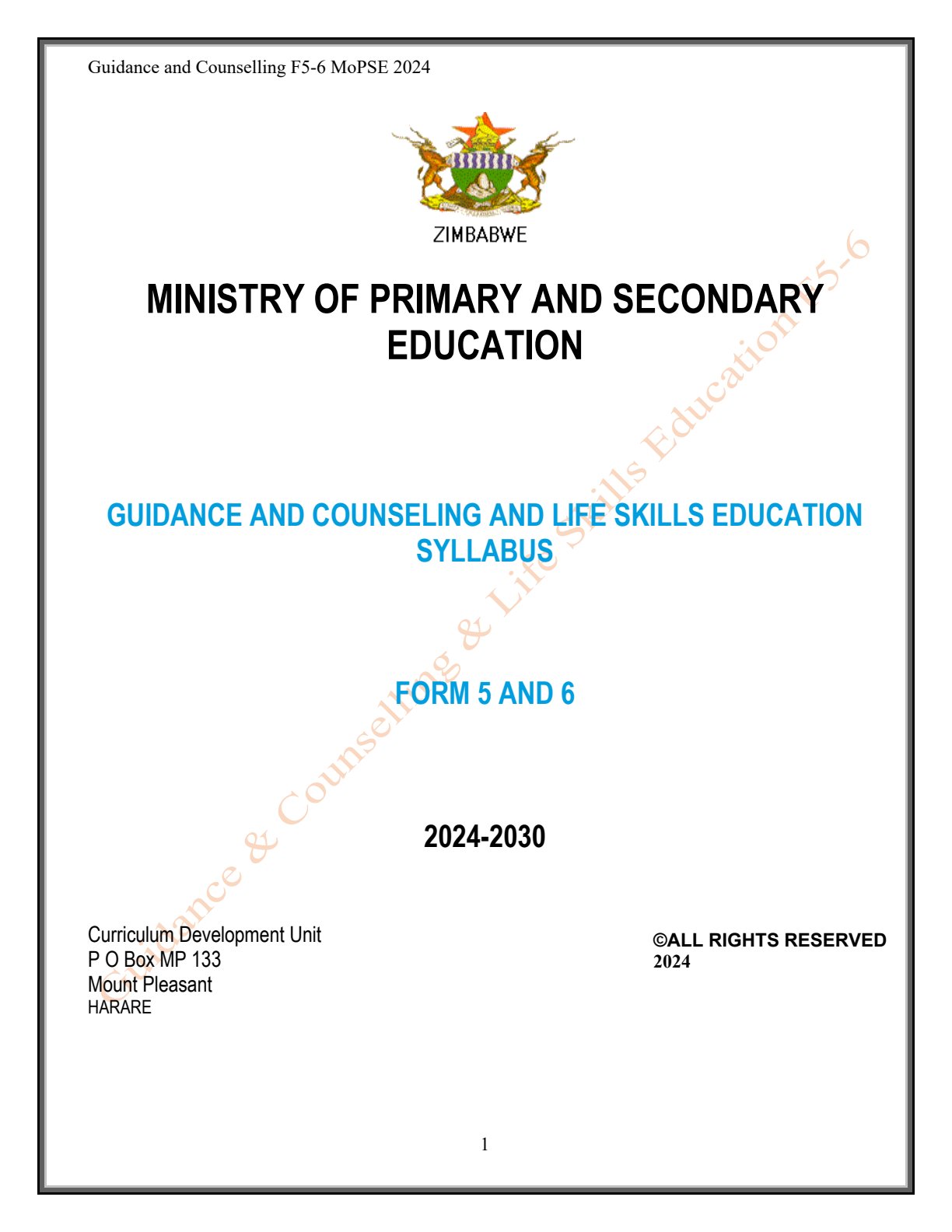 First page of Guidance and Counseling and Life Skills Education Syllabus