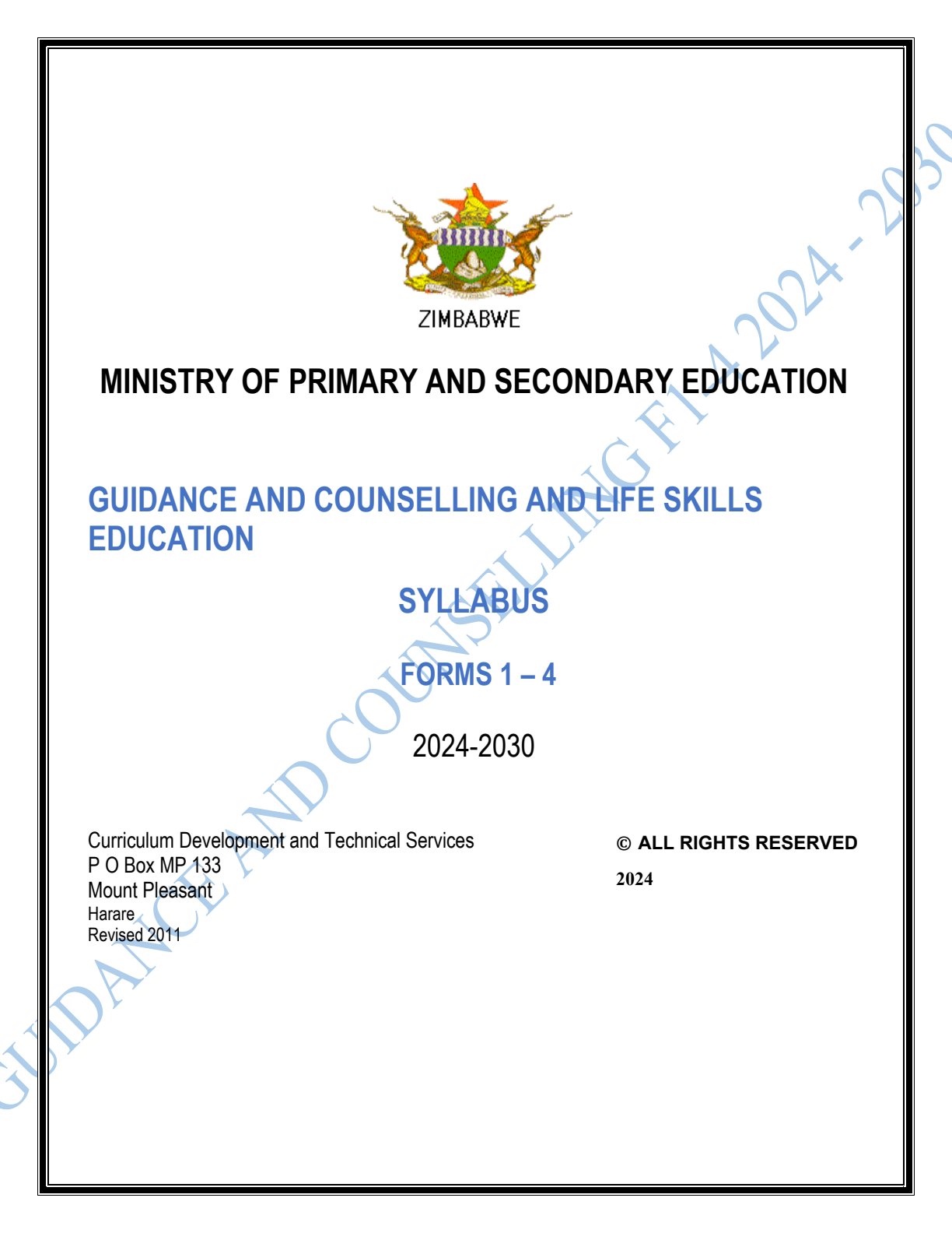 First page of Guidance and Counselling and Life Skills Education Syllabus Forms 1-4 2024-2030