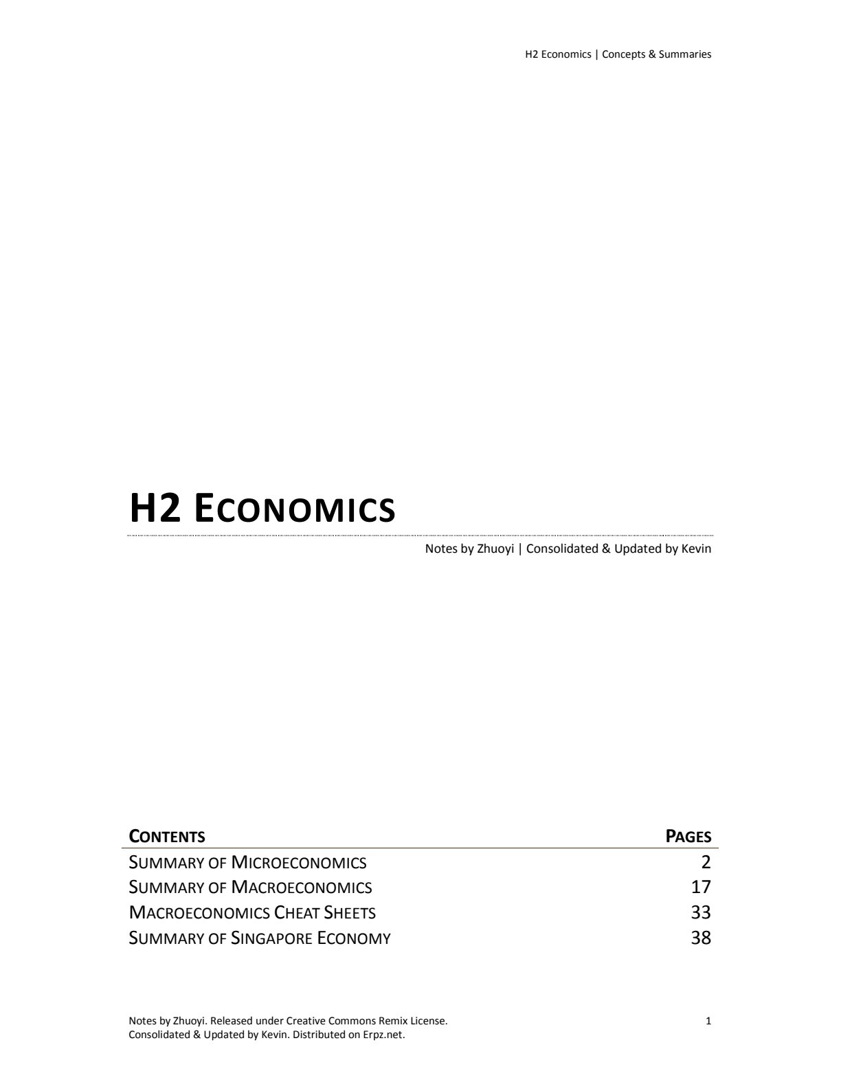First page of H2 Economics Concepts & Summaries