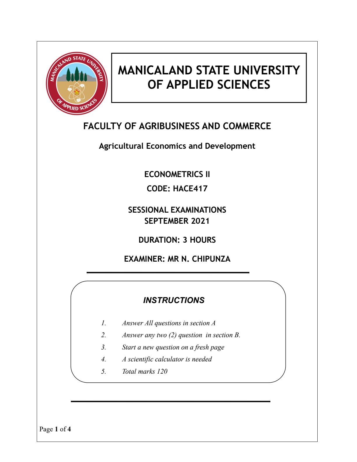 First page of HACE417 Econometrics II September 2021 Question Paper