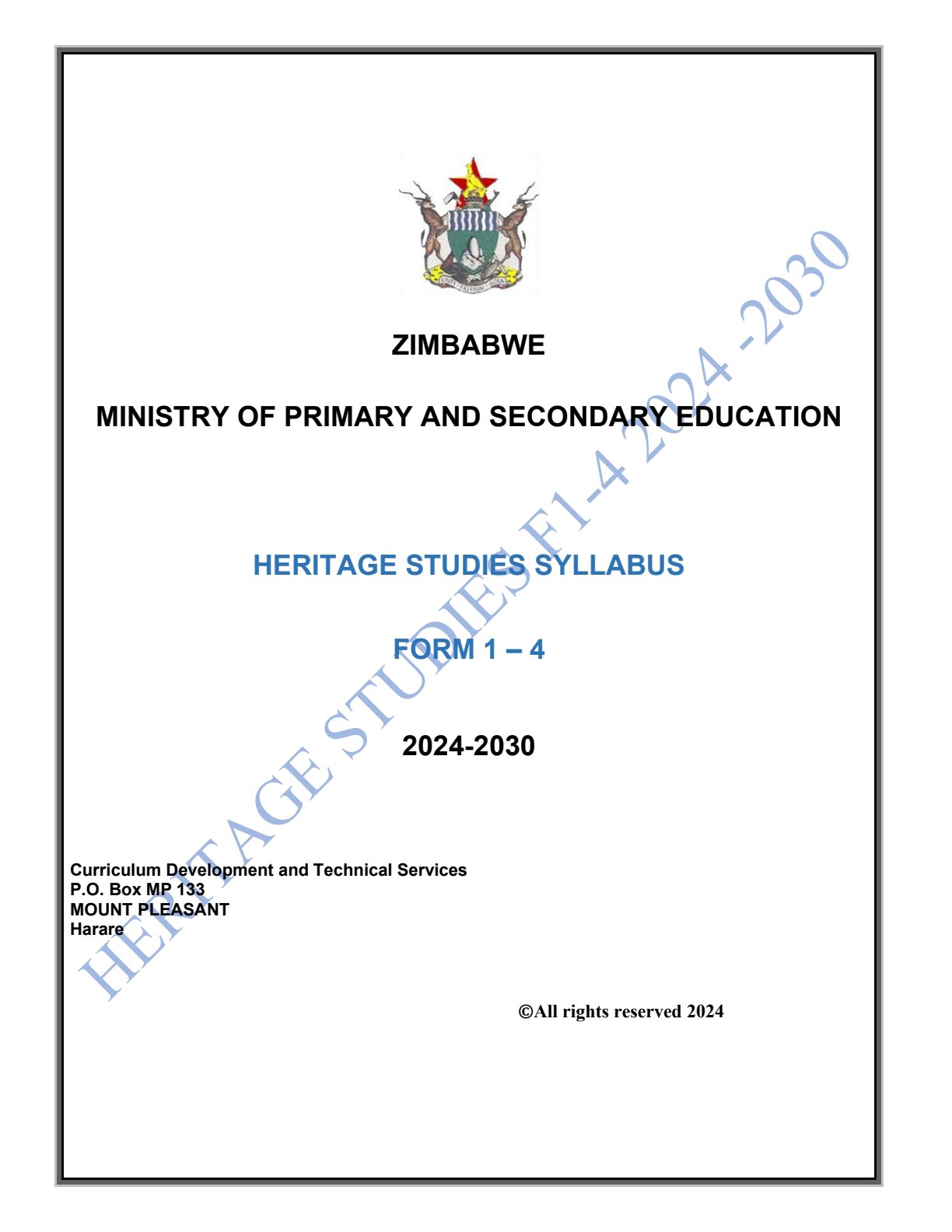 First page of HERITAGE STUDIES SYLLABUS FORM 1-4