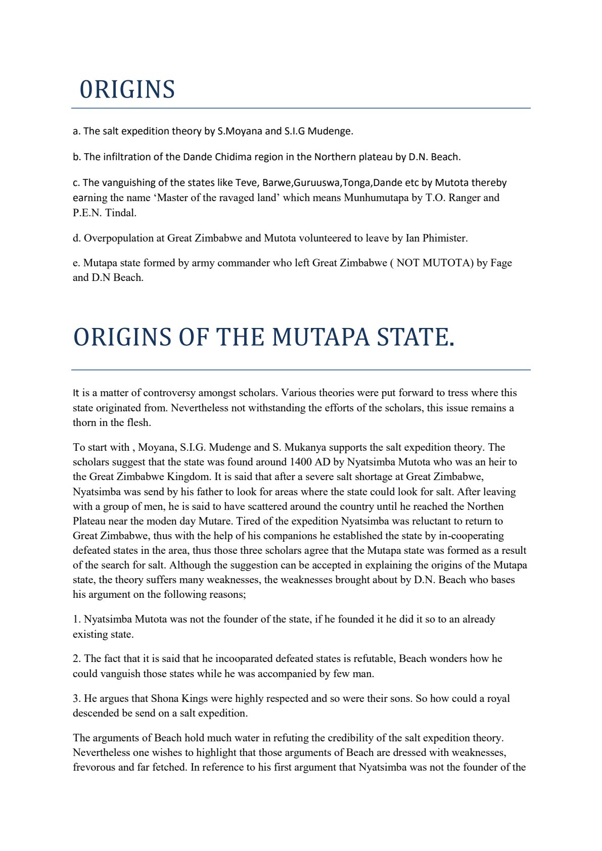 First page of History Origins of the Mutapa State Notes Zimbabwe