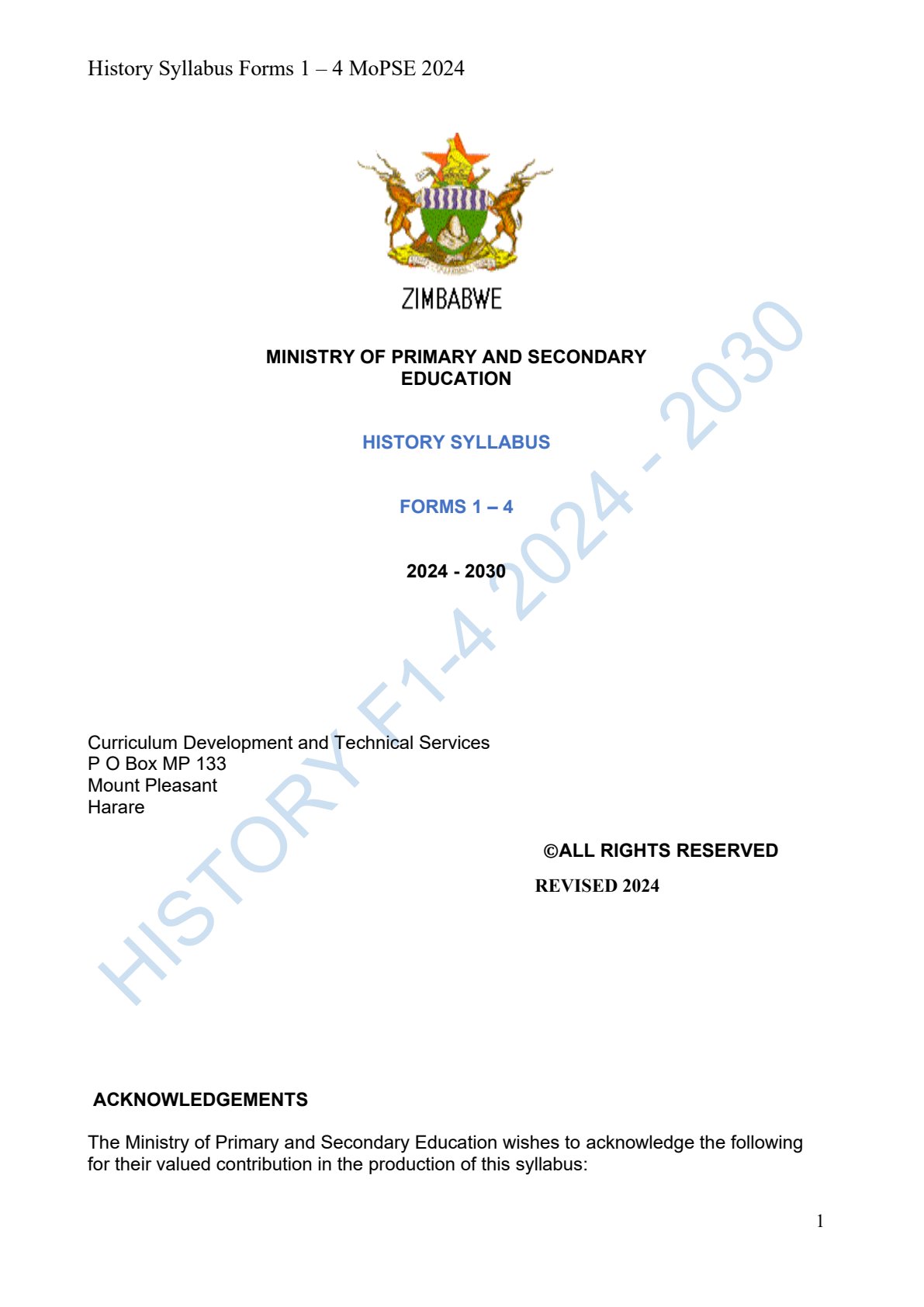 First page of History Syllabus Forms 1-4