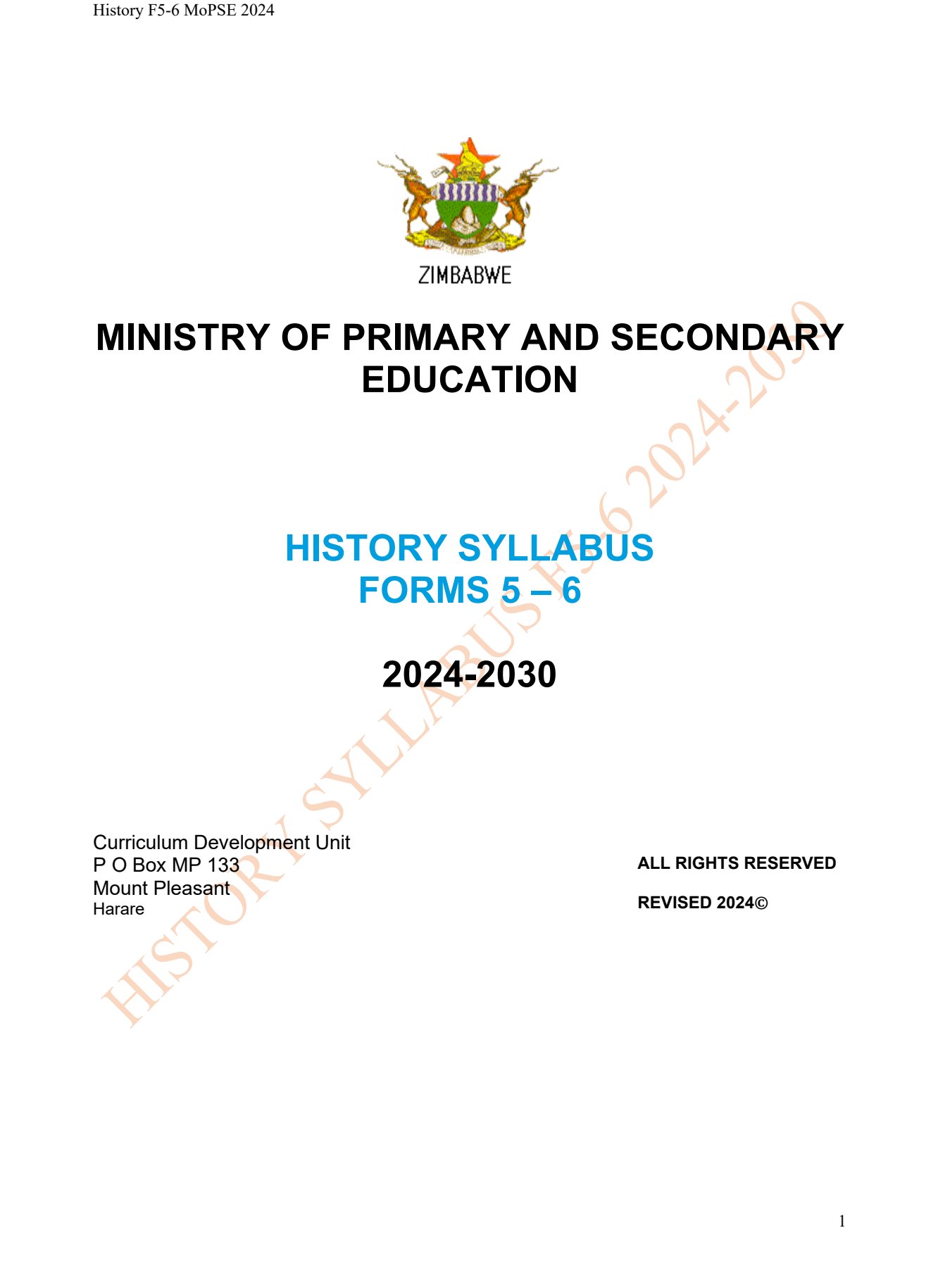 First page of History Syllabus Forms 5-6