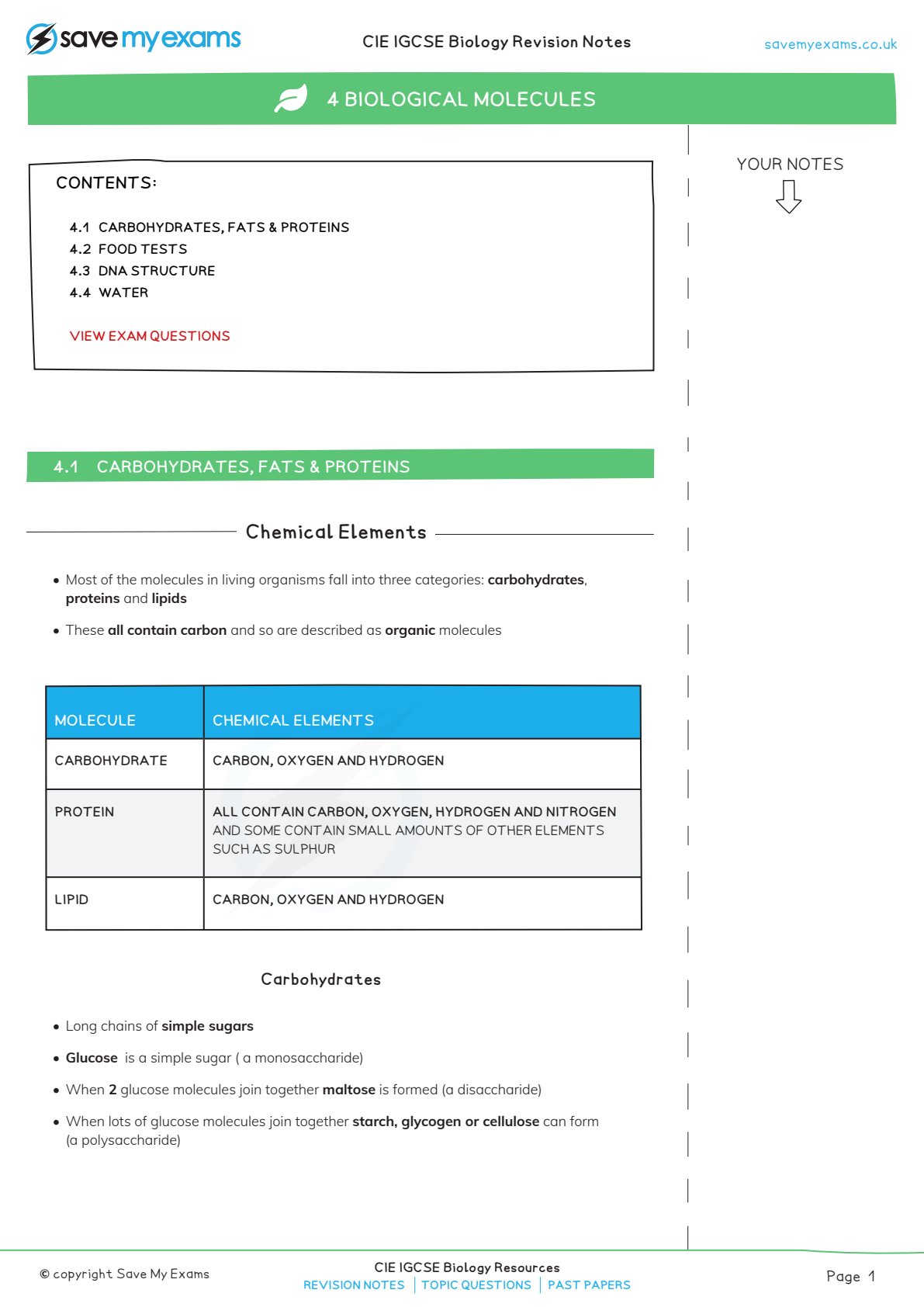 First page of IGCSE Biology Biological Molecules Notes Zimbabwe