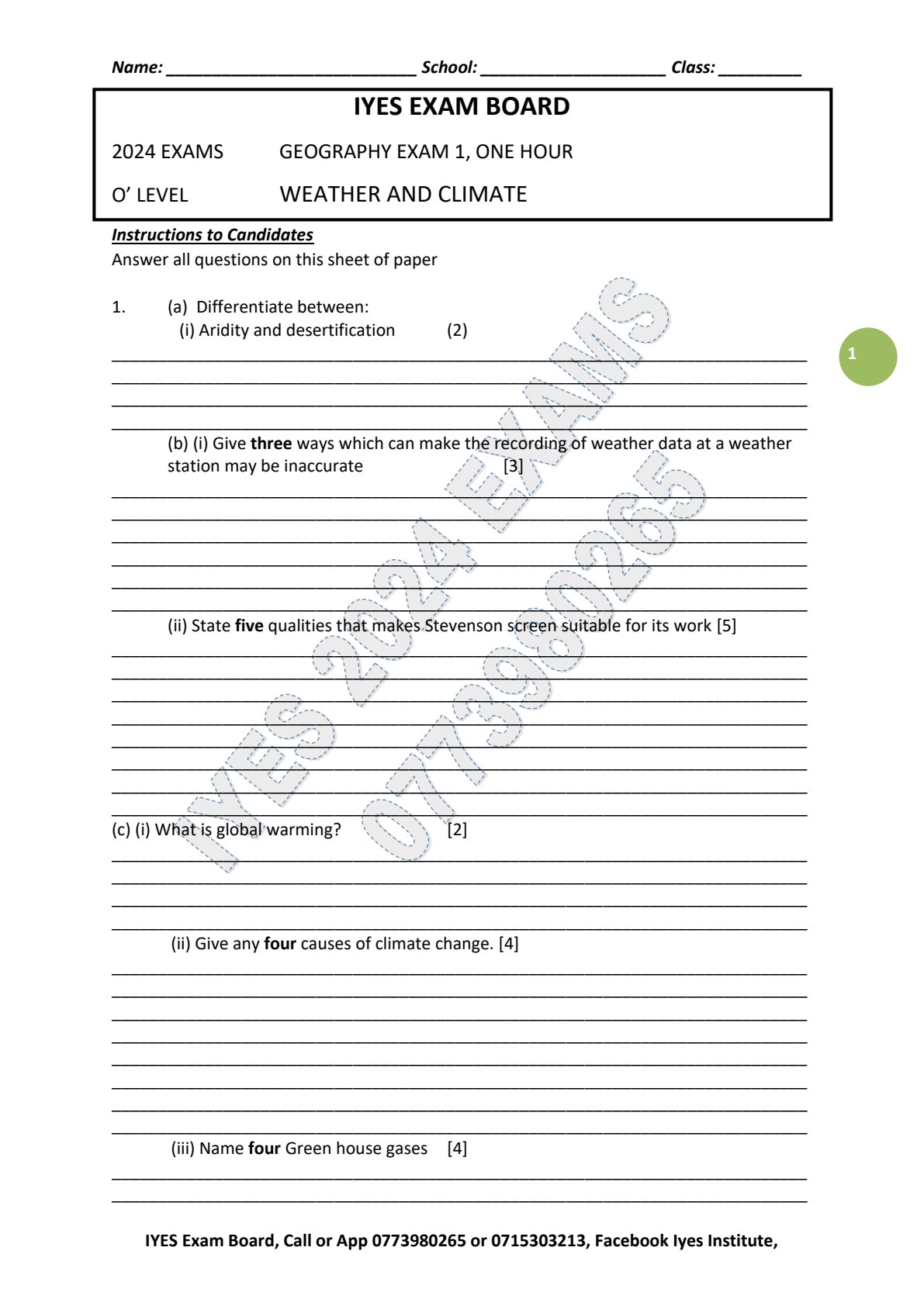 First page of IYES Exam Board O-Level Geography Exam 1 2024 Question Paper
