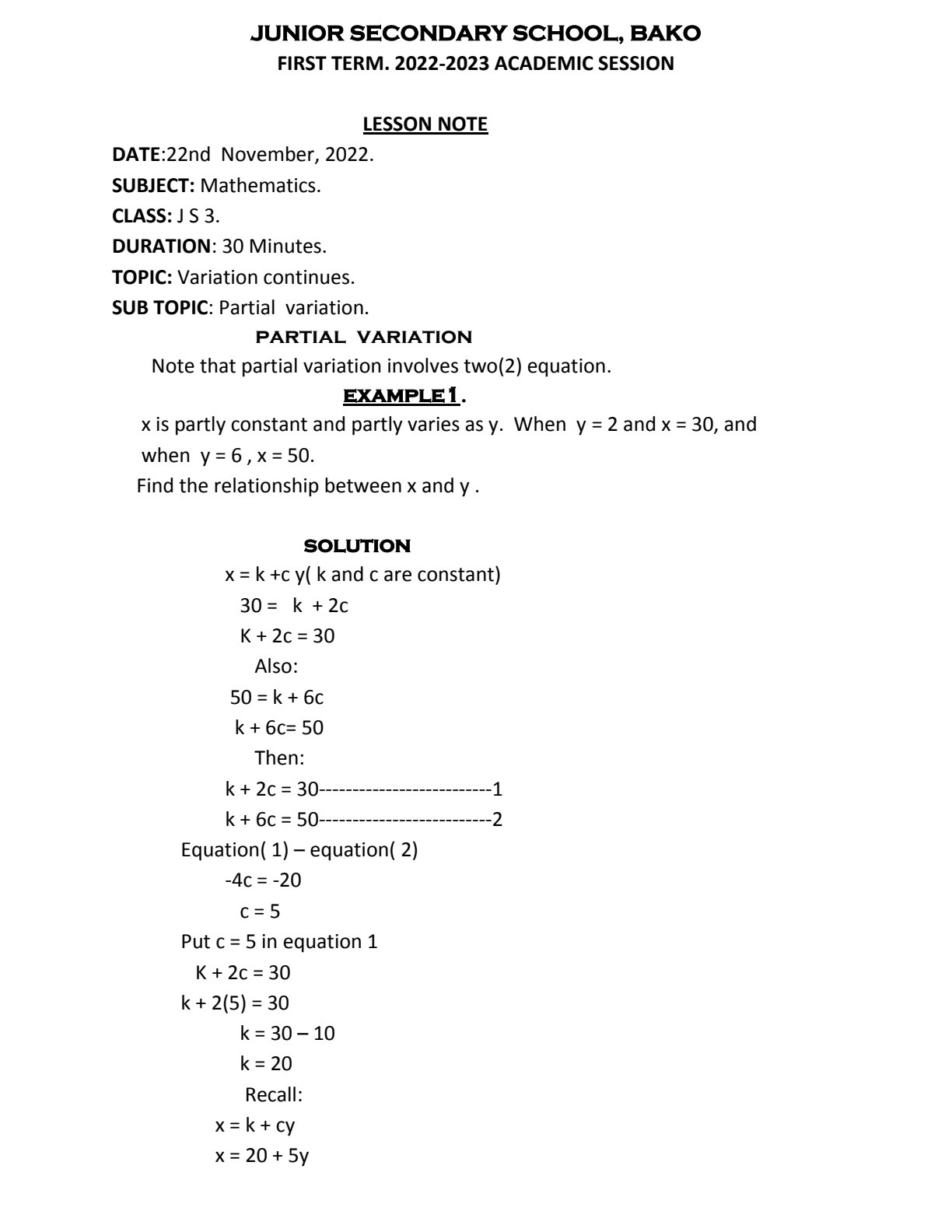 First page of JSS 3 Mathematics Partial Variation Notes Zimbabwe