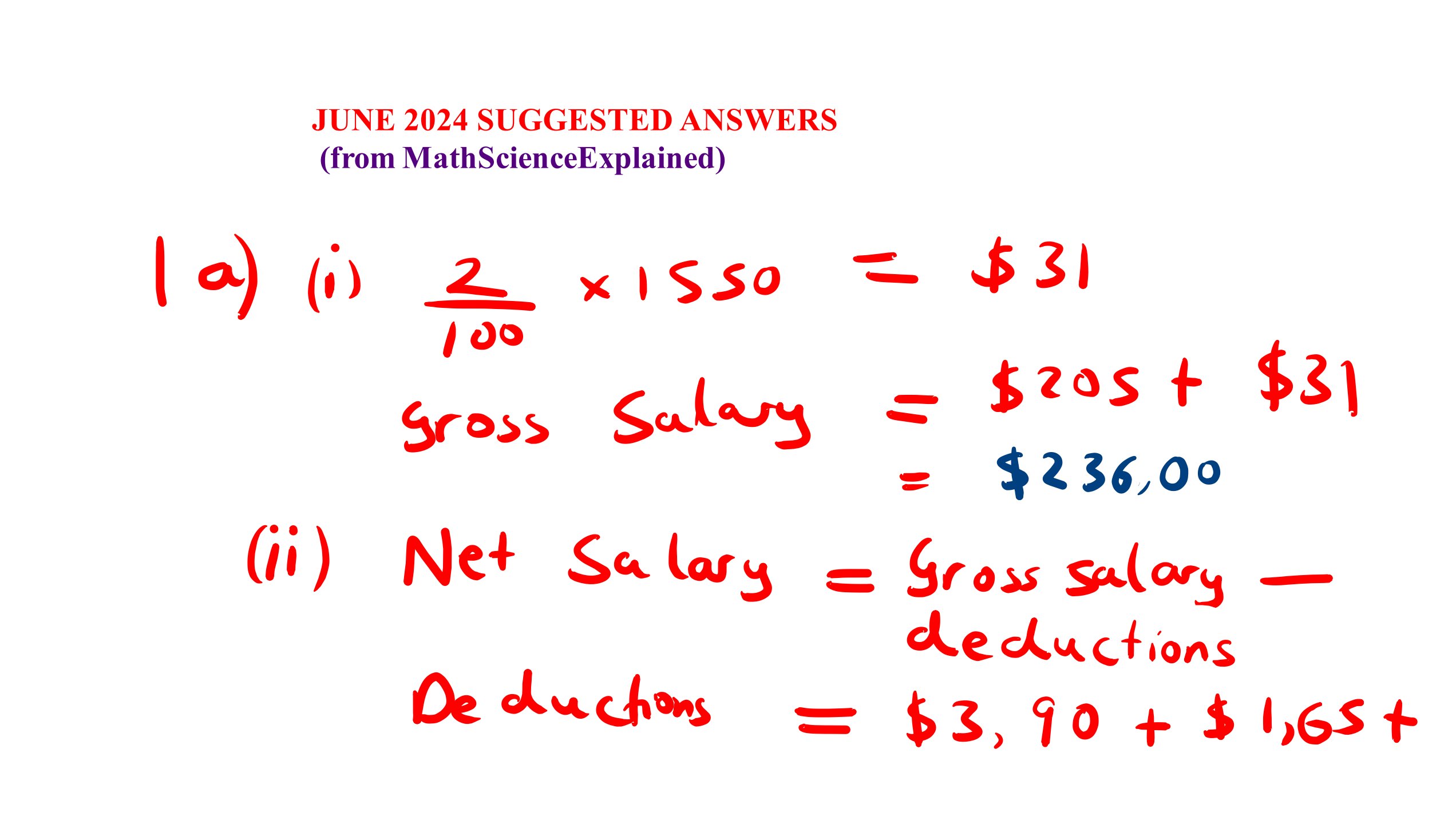 First page of JUNE 2024 SUGGESTED ANSWERS (from MathScienceExplained) Marking Scheme