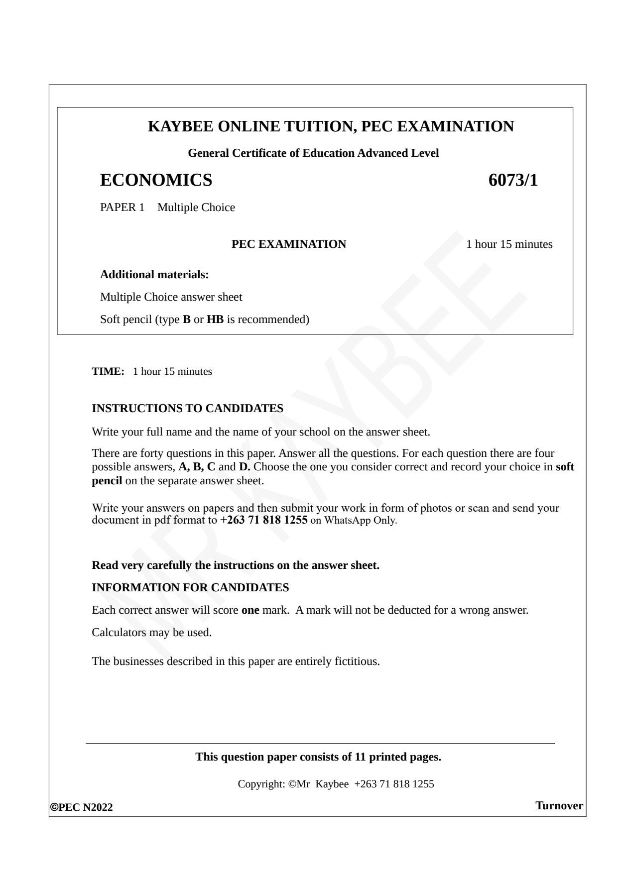 First page of Kaybee Online Tuition A-Level Economics November 2022 Question Paper