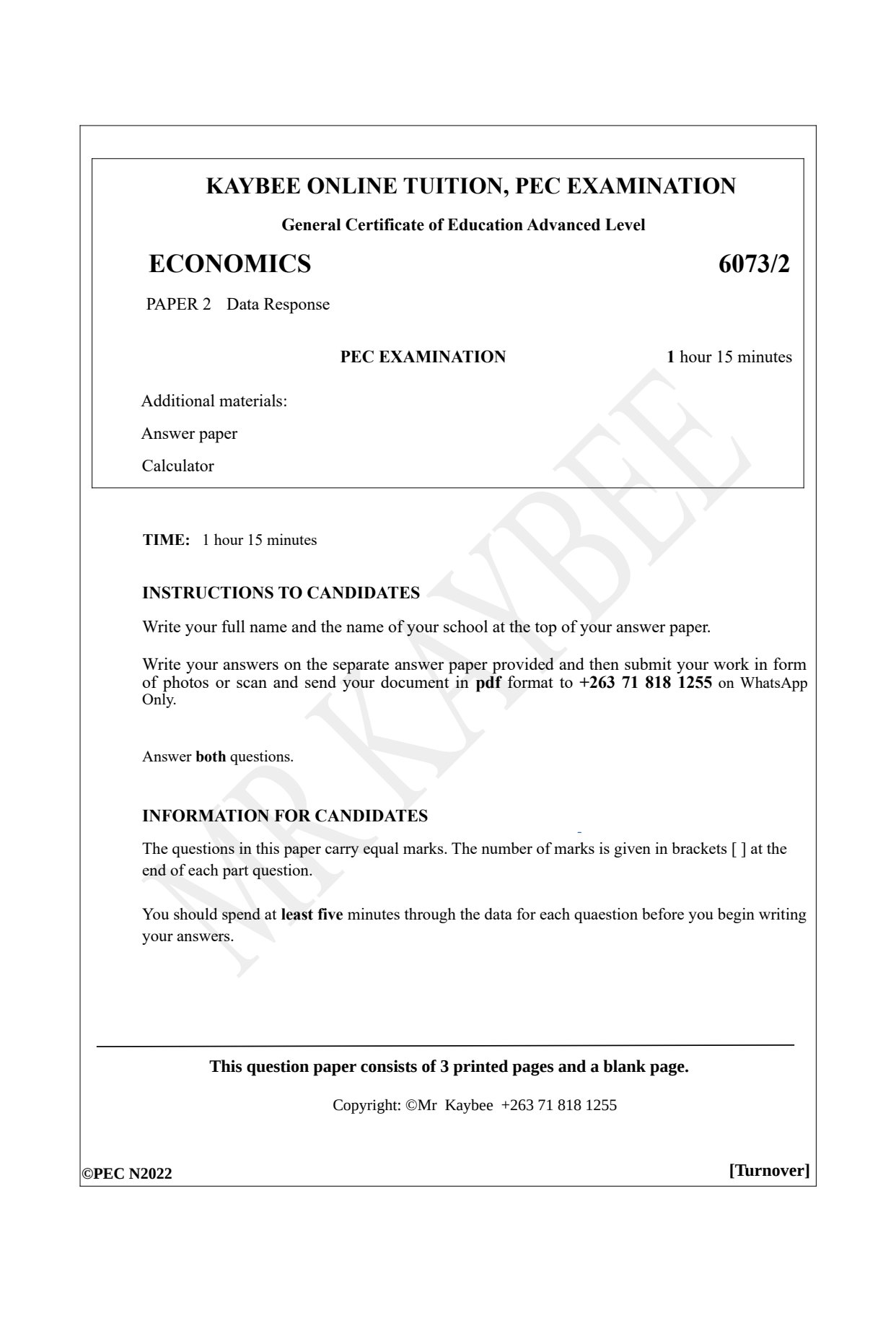 First page of Kaybee Online Tuition A-Level Economics November 2022 Question Paper