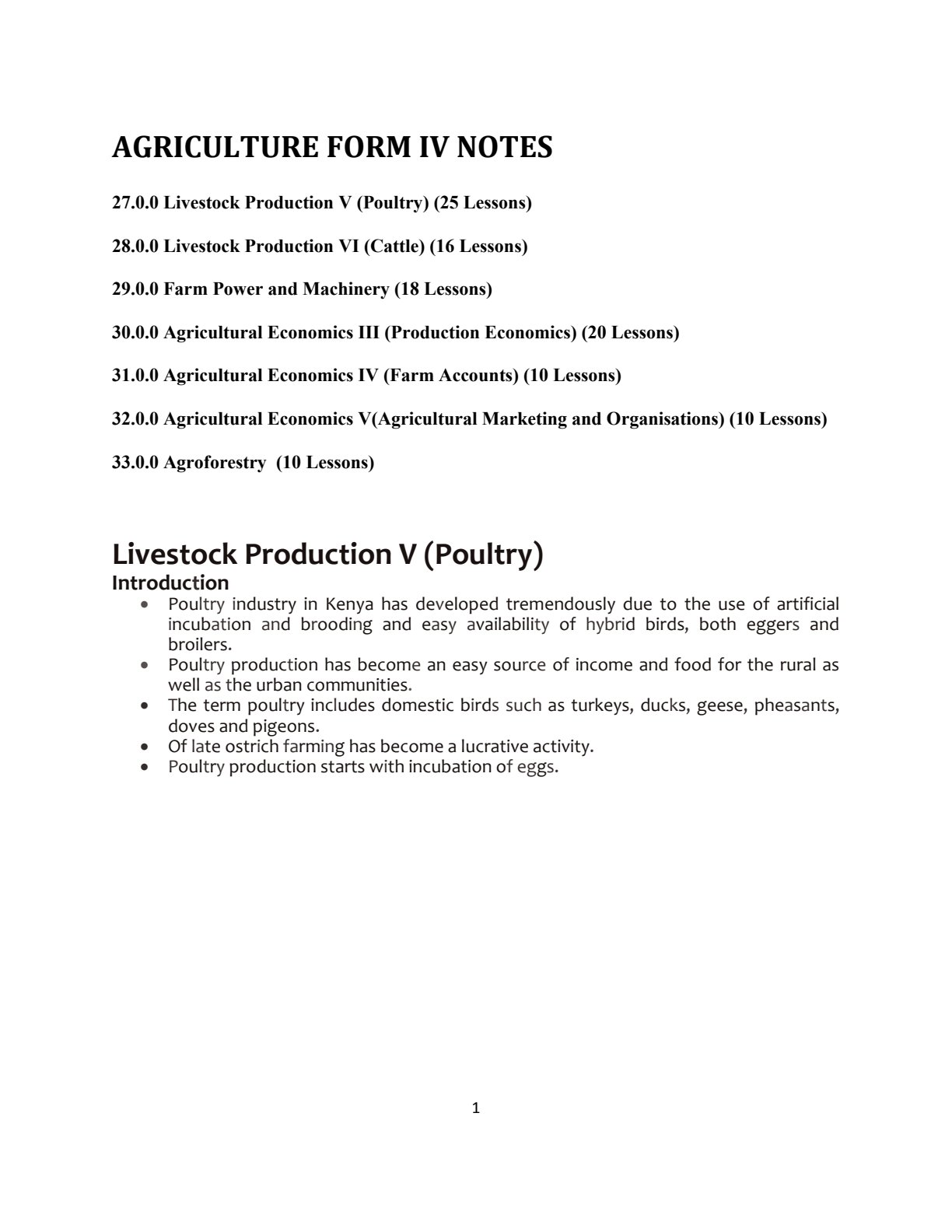 First page of KCSE Agriculture Livestock Production V (Poultry) Notes Kenya