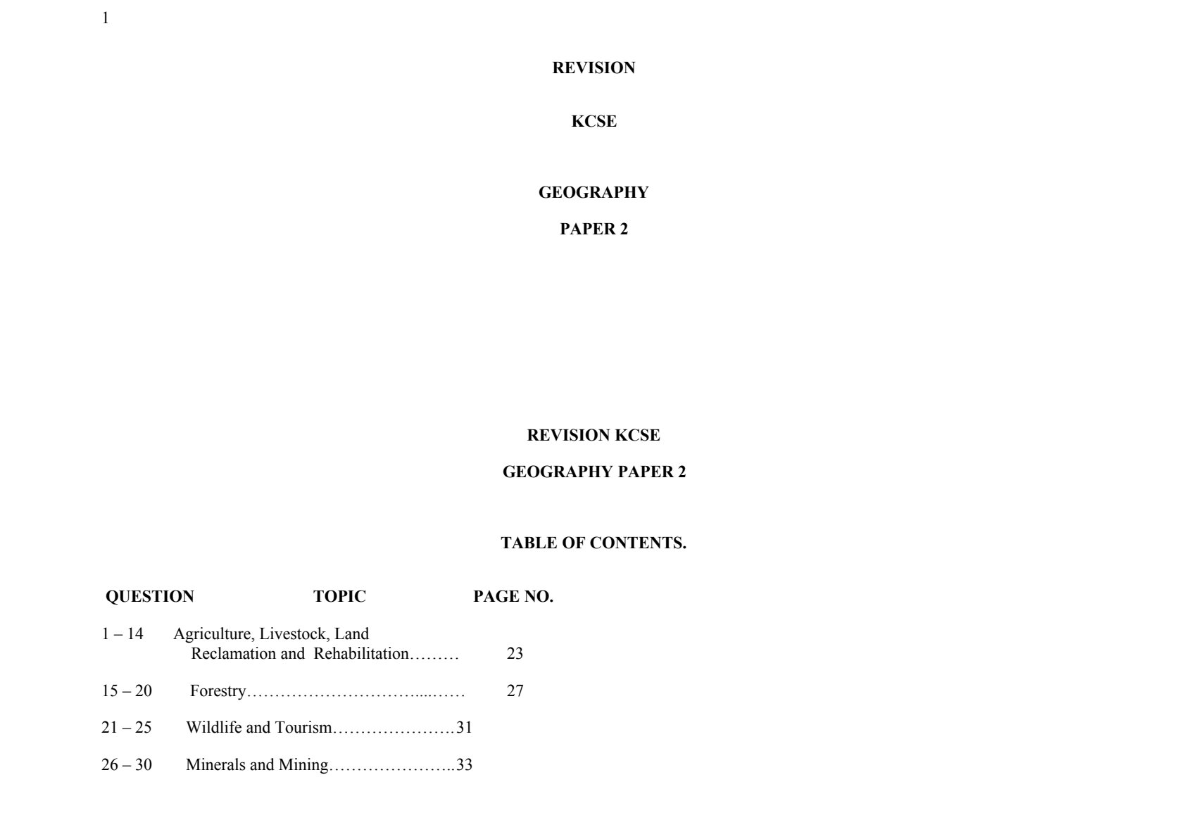 First page of KCSE Geography Revision Pack Kenya