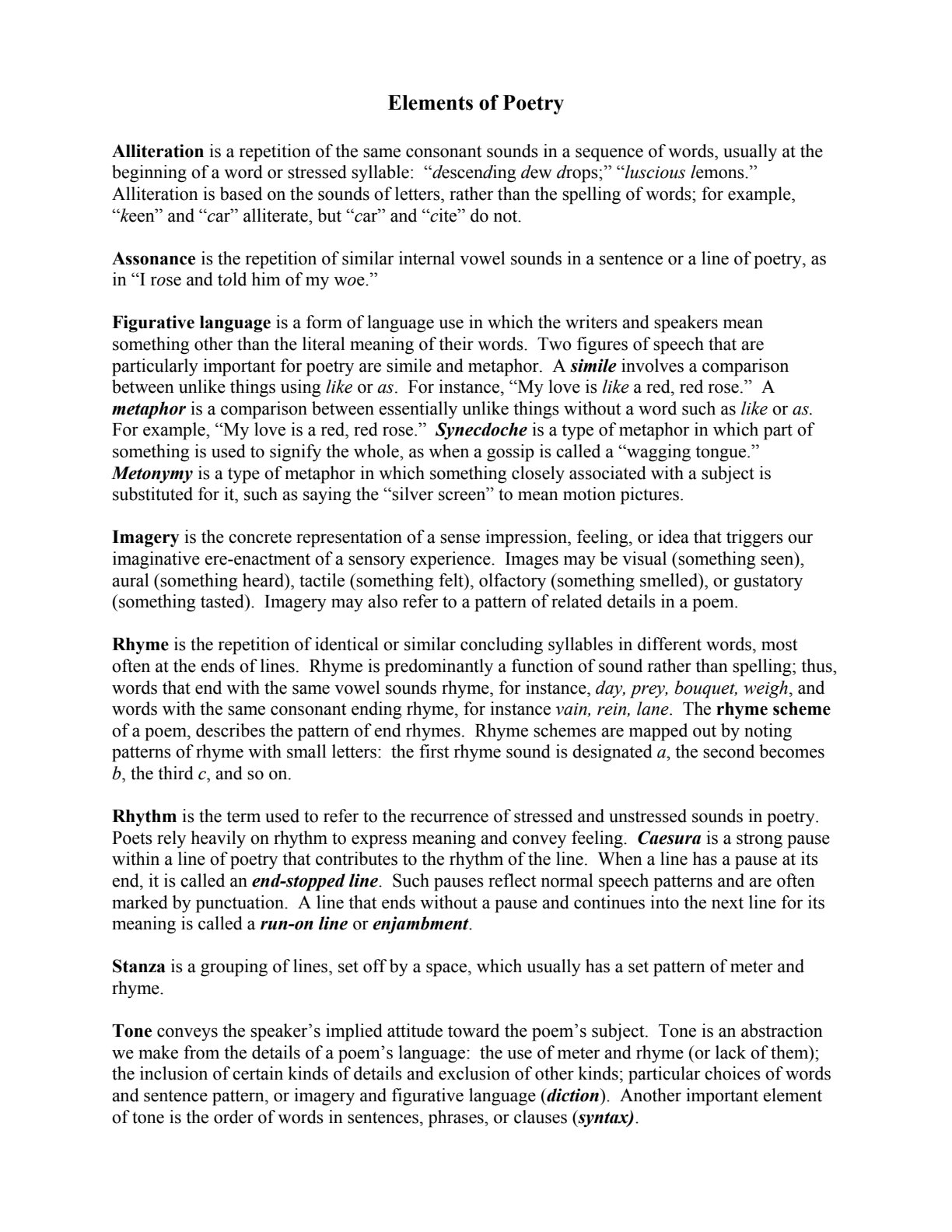 First page of Literature in English Elements of Poetry Notes Zimbabwe