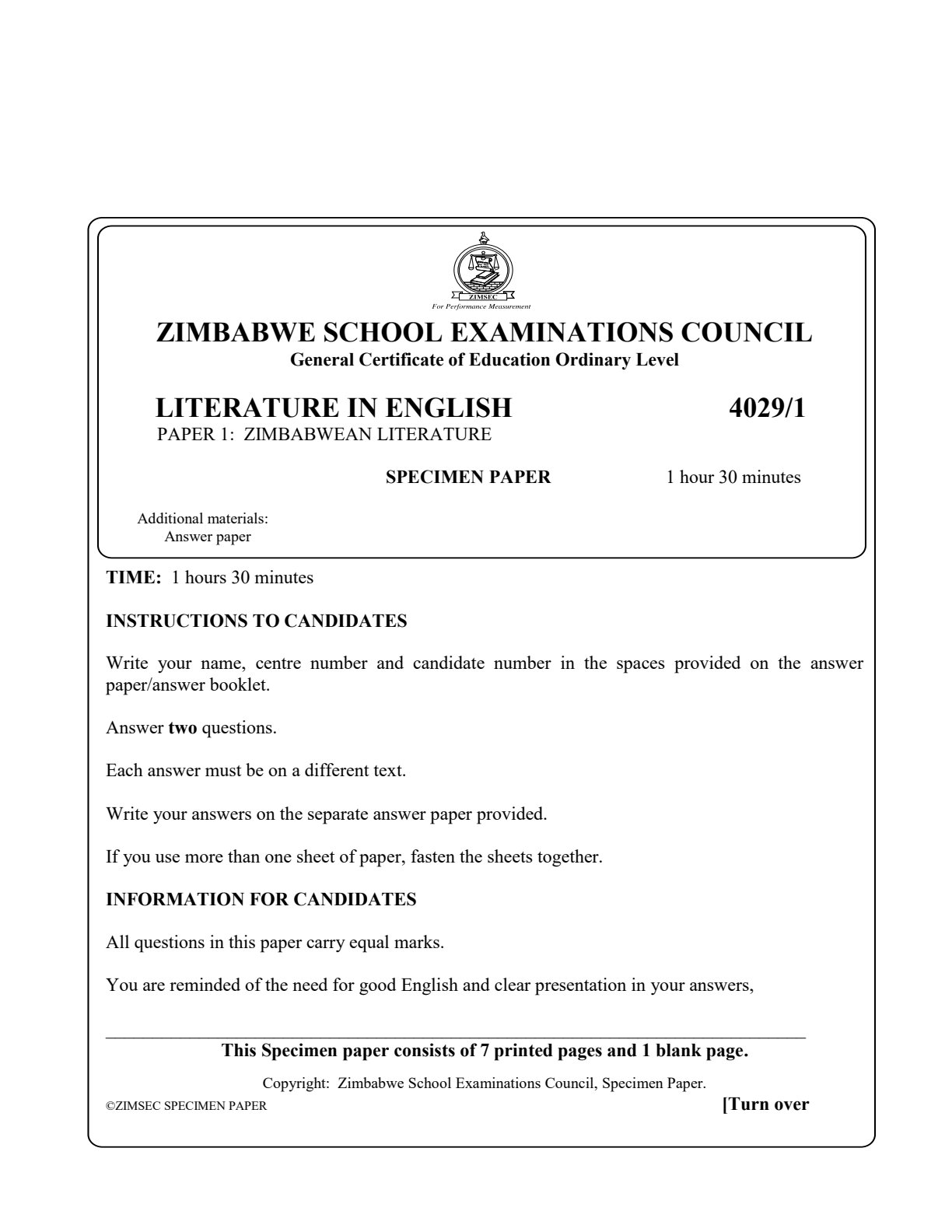 First page of Literature in English Specimen Paper Paper 1 Question Paper