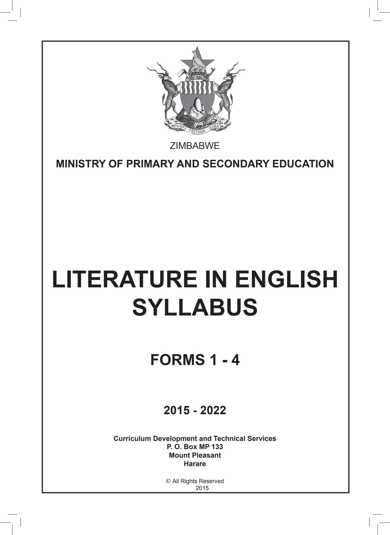 First page of Literature in English Syllabus Forms 1-4 2015-2022