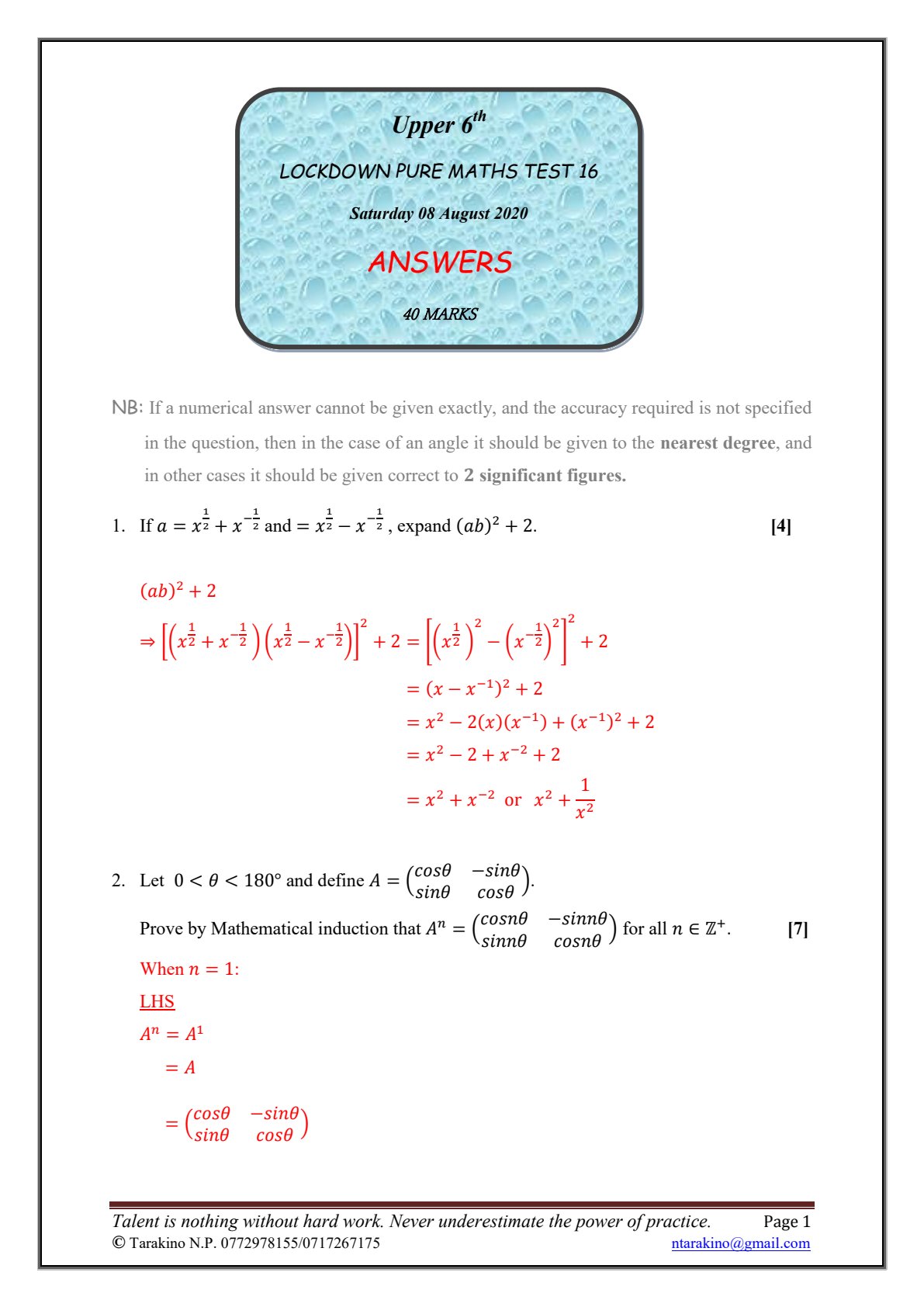 First page of Lockdown Pure Maths Test 16 Answers