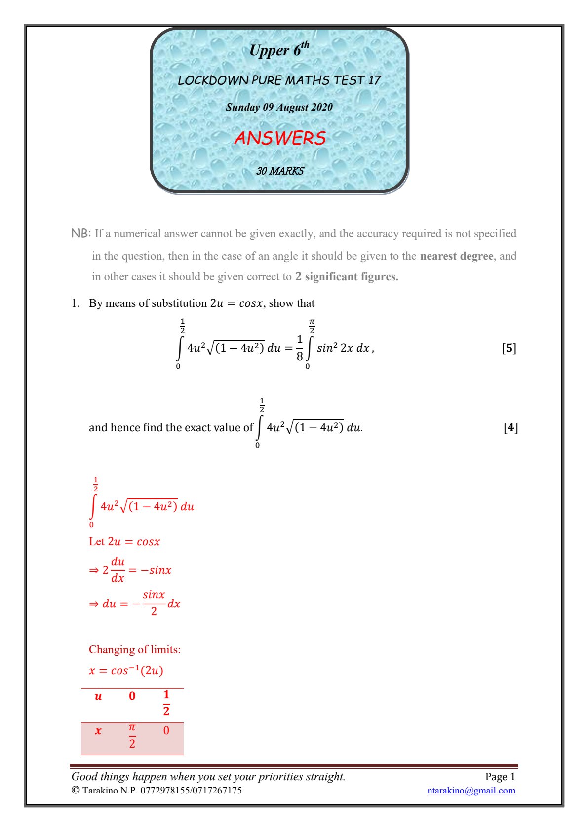First page of Lockdown Pure Maths Test 17