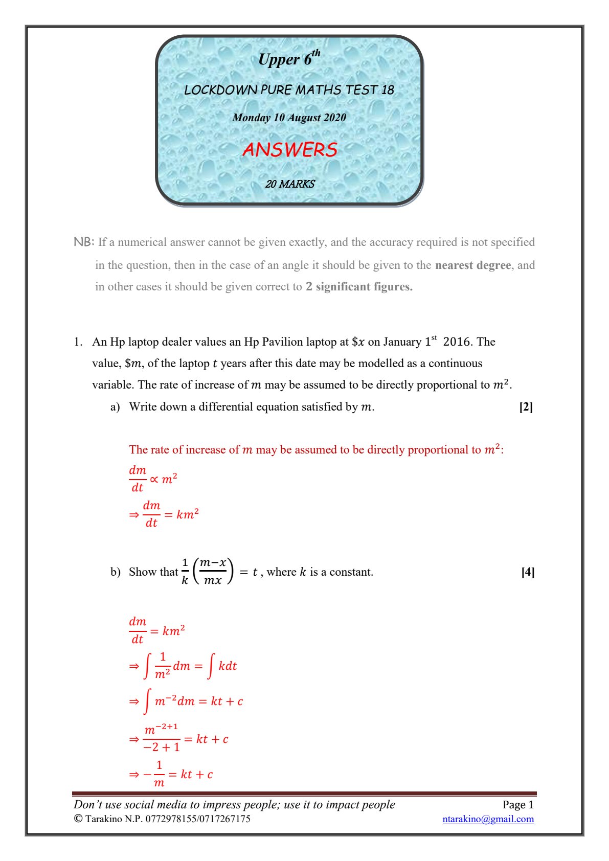 First page of Lockdown Pure Maths Test 18 - Answers