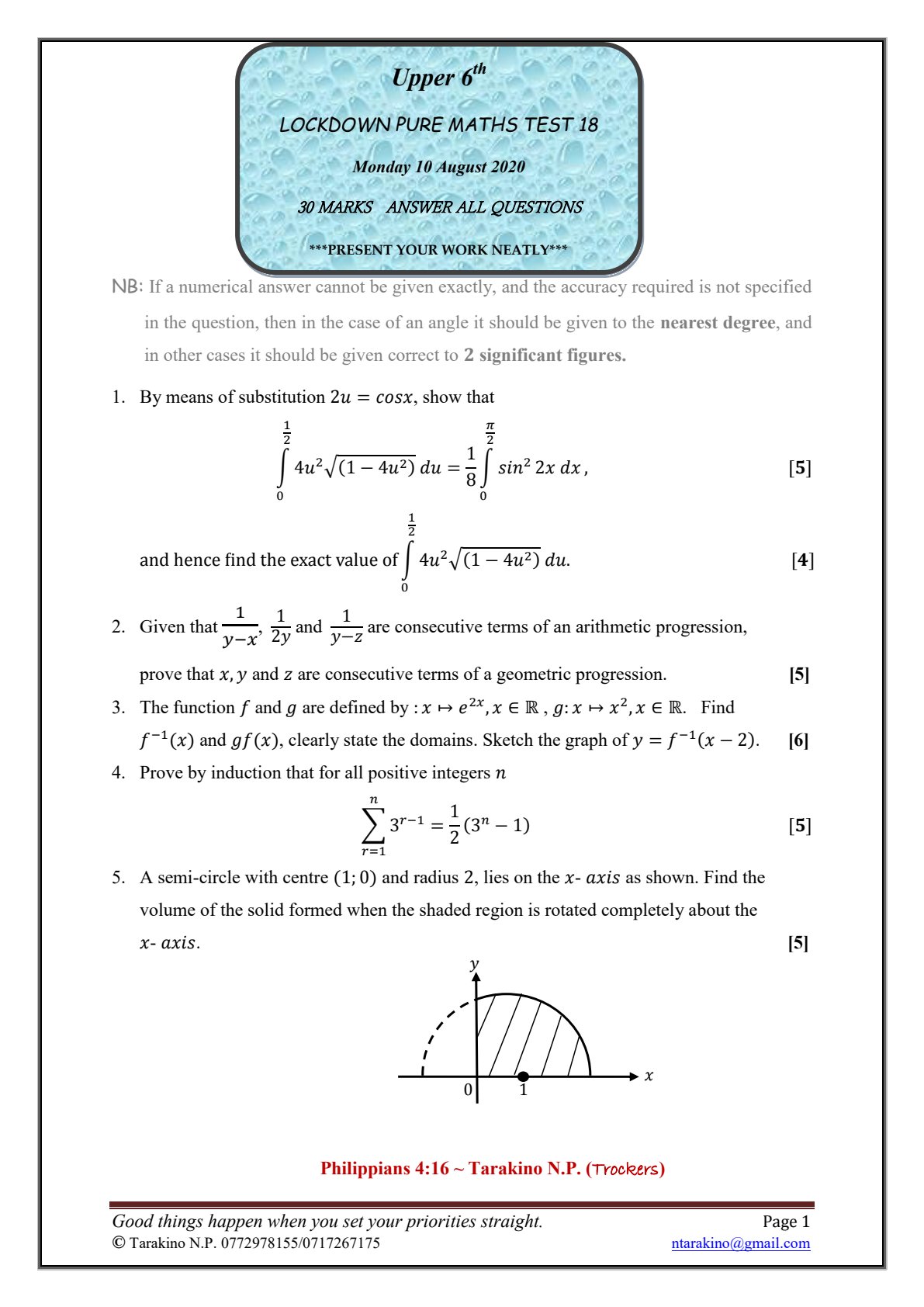 First page of Lockdown Pure Maths Test 18 Question Paper