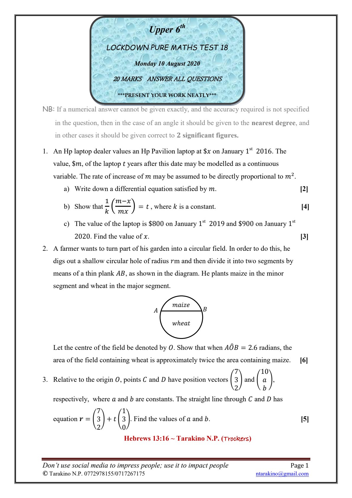 First page of Lockdown Pure Maths Test 18 Question Paper