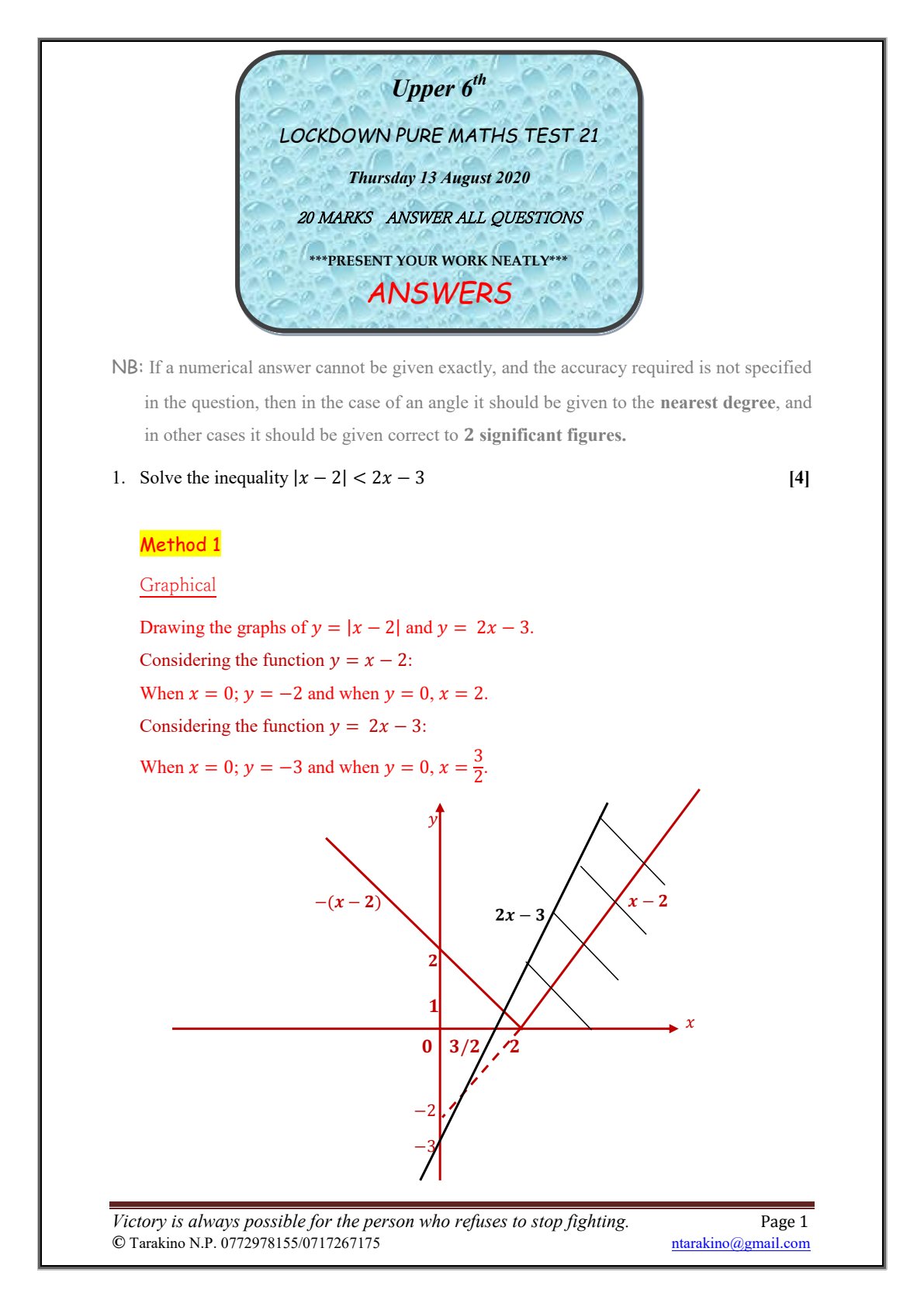 First page of Lockdown Pure Maths Test 21 Answers