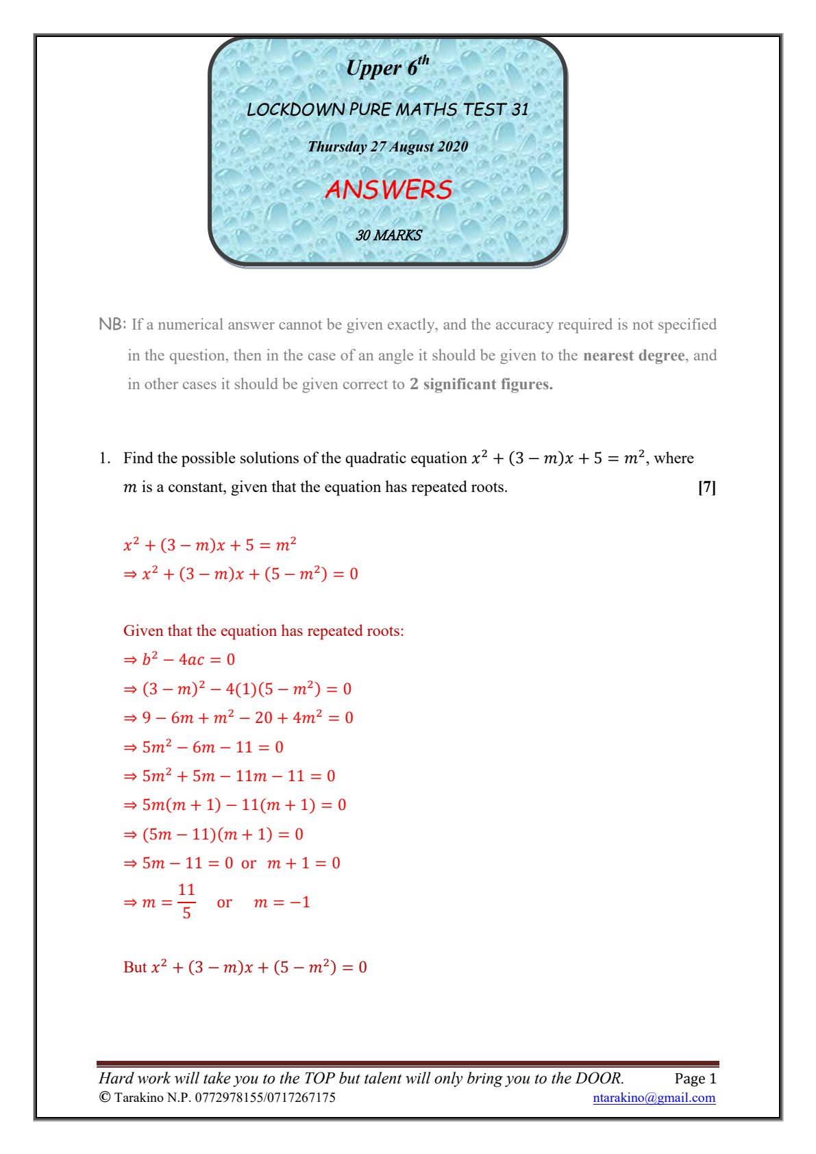 First page of Lockdown Pure Maths Test 31 Answers Marking Scheme