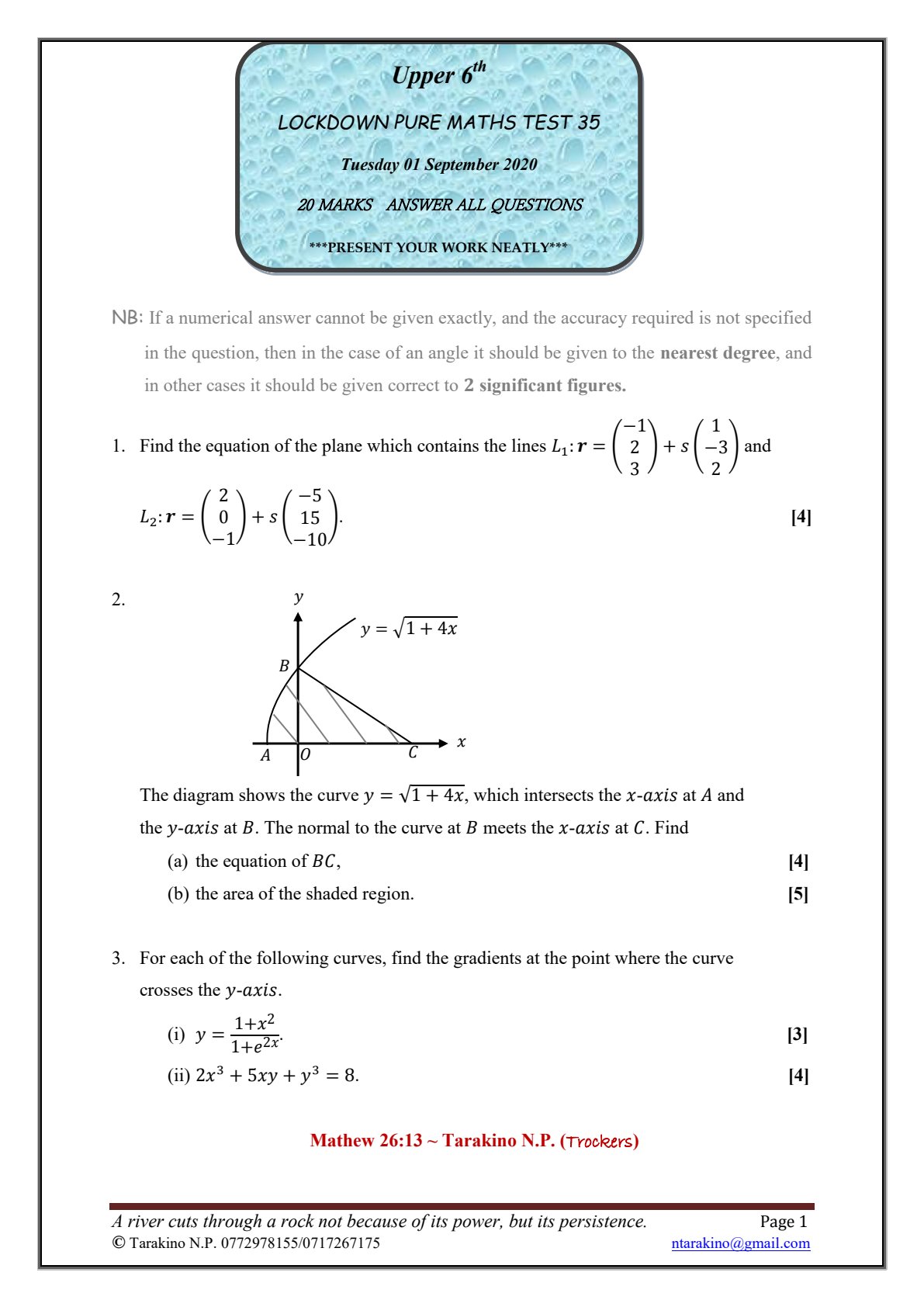 First page of Lockdown Pure Maths Test 35 Question Paper